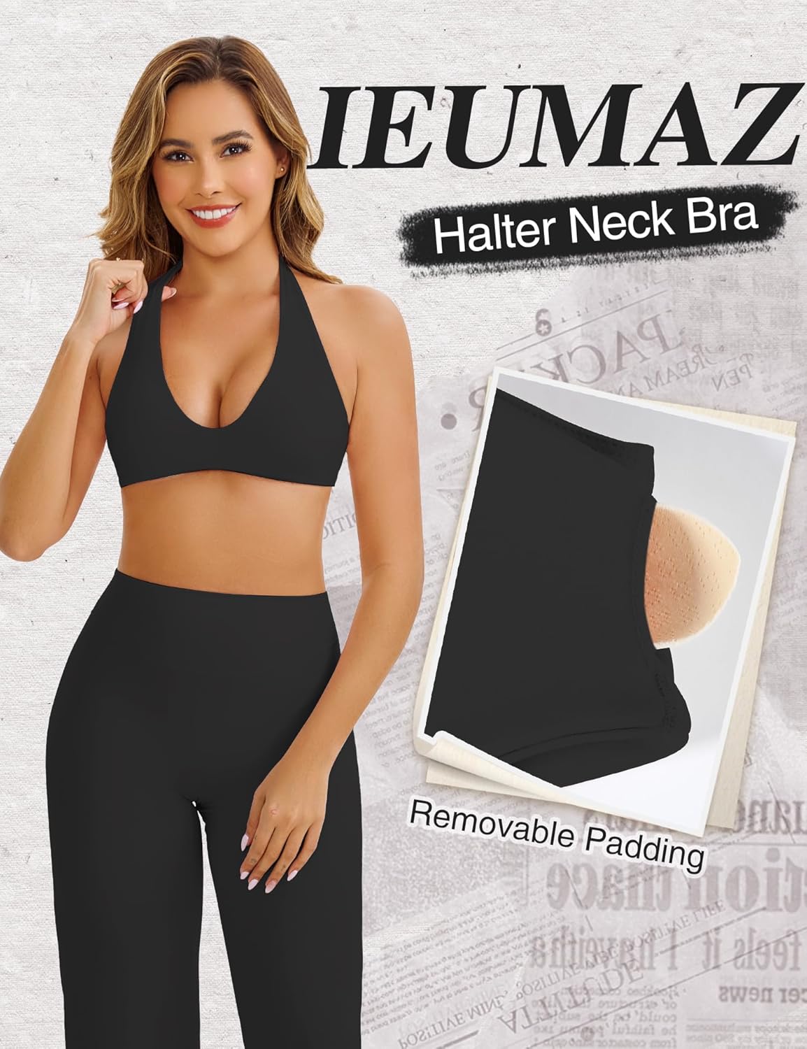 Halter Sports Bras for Women Minimal Deep V Neck Open Back Wireless Workout Gym Yoga Bra - Image 2