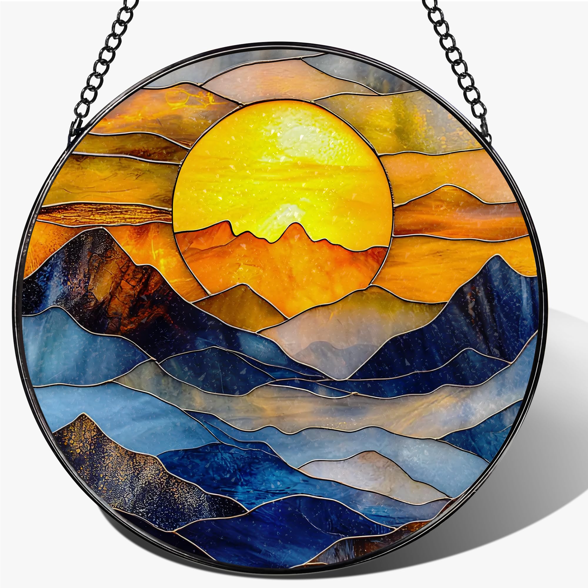 Stained Glass Window Hanging – 7.8" Mountain Range Suncatcher Decor, Stained Glass Hanging Ornament, Mountain Lover Gift, Housewarming Gift, Gifts for Women, Men & Nature Lover