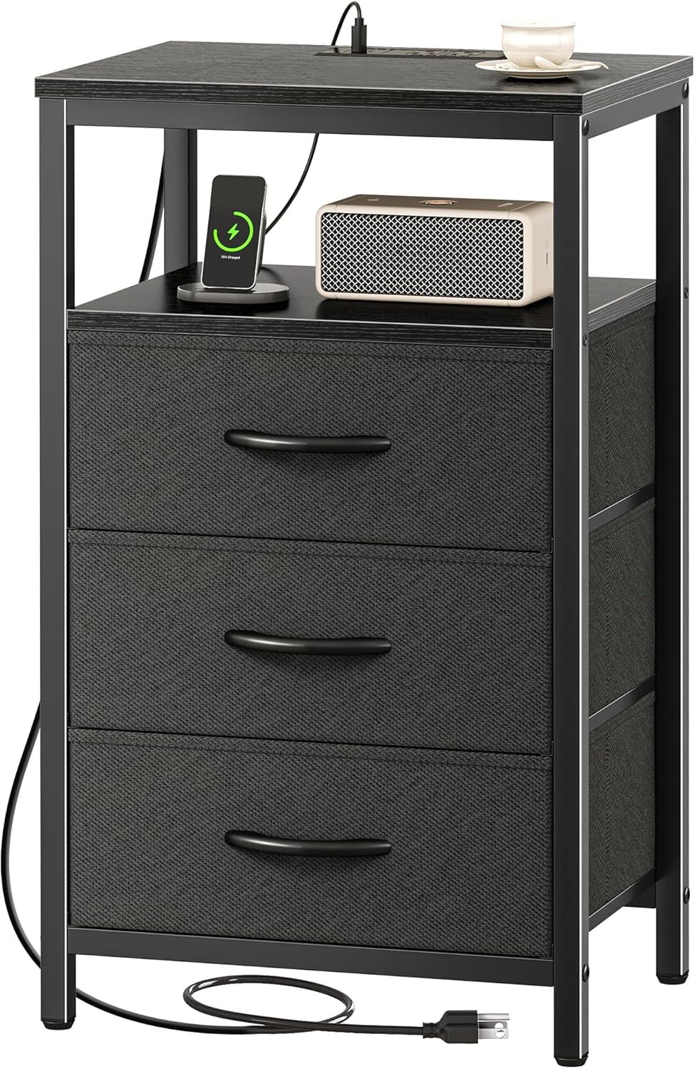 Huuger Nightstand with Charging Station, 27.6 Inch Side Table with Fabric Drawers, End Table Bedside Table with USB Ports and Outlets, Night Stand for Bedroom, Black