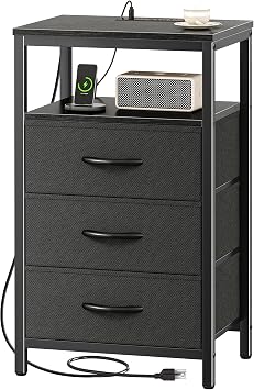 Huuger Nightstand with Charging Station, 27.6 Inch End Table with Fabric Drawers, End Table with USB Ports and Outlets, Nightstand for Bedroom, Black