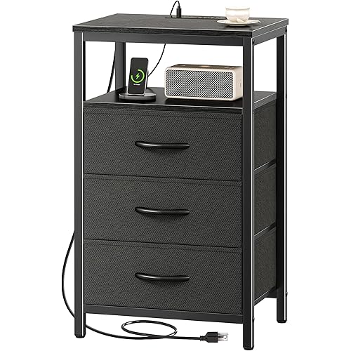 Huuger Nightstand with Charging Station, 27.6 Inch Side Table with Fabric Drawers, End Table Bedside Table with USB Ports and Outlets, Night Stand for Bedroom, Black