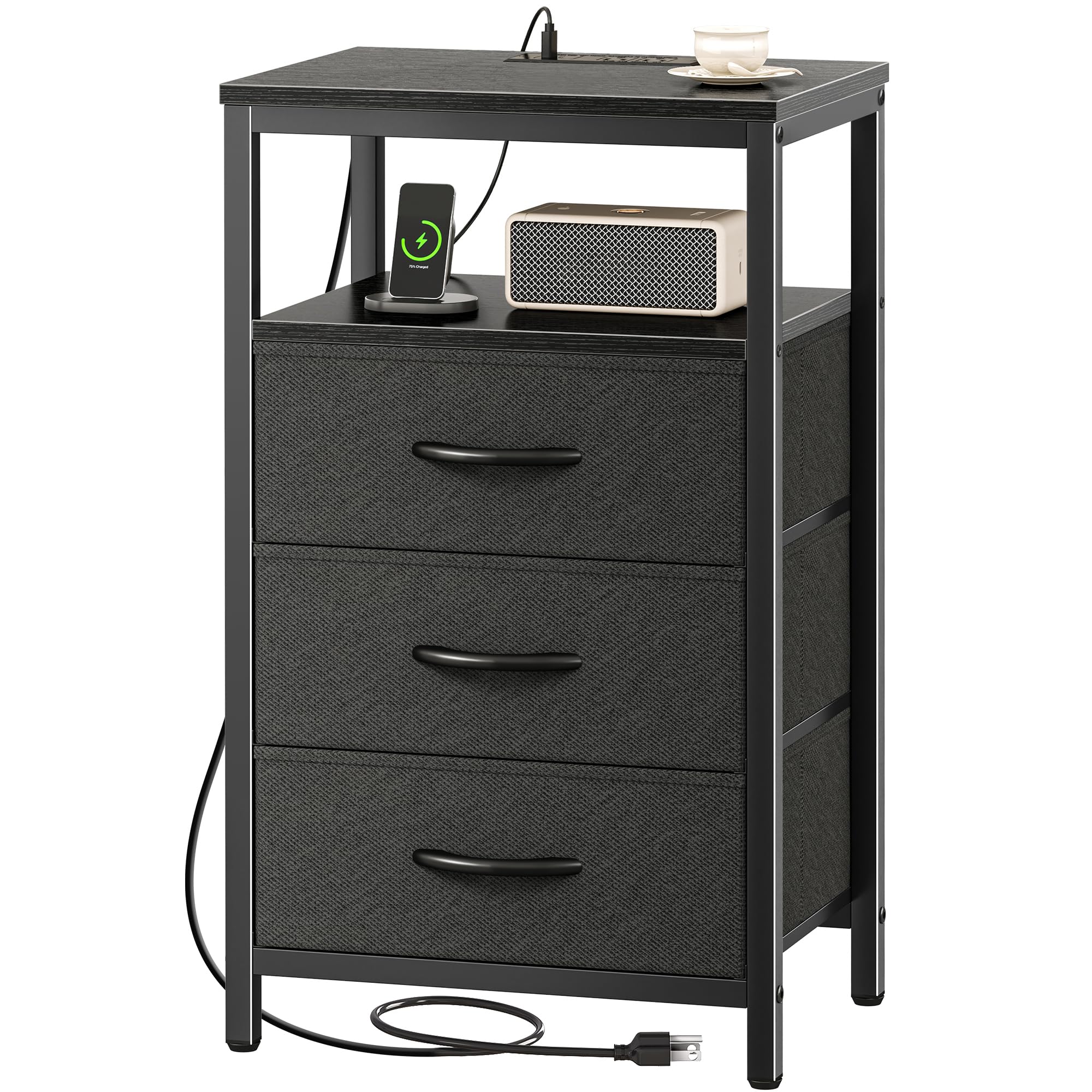 Huuger Nightstand with Charging Station, 27.6 Inch Side Table with Fabric Drawers, End Table Bedside Table with USB Ports and Outlets, Night Stand for Bedroom, Black