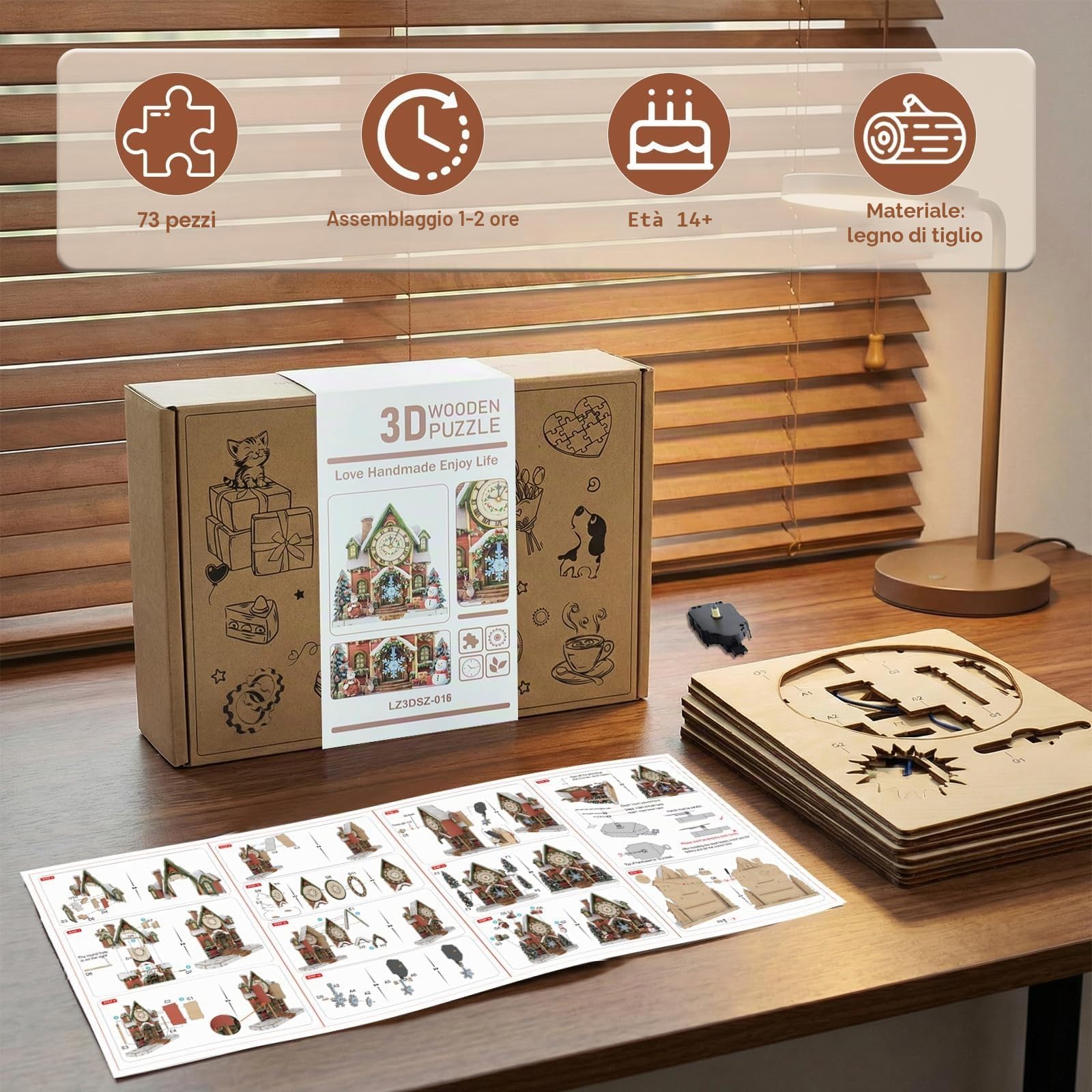 Orologio puzzle 3D a forma di casa di Natale, kit modello in legno per adulti, orologio da parete a pendolo con movimento silenzioso, decorazione natalizia per la casa e regalo per gli