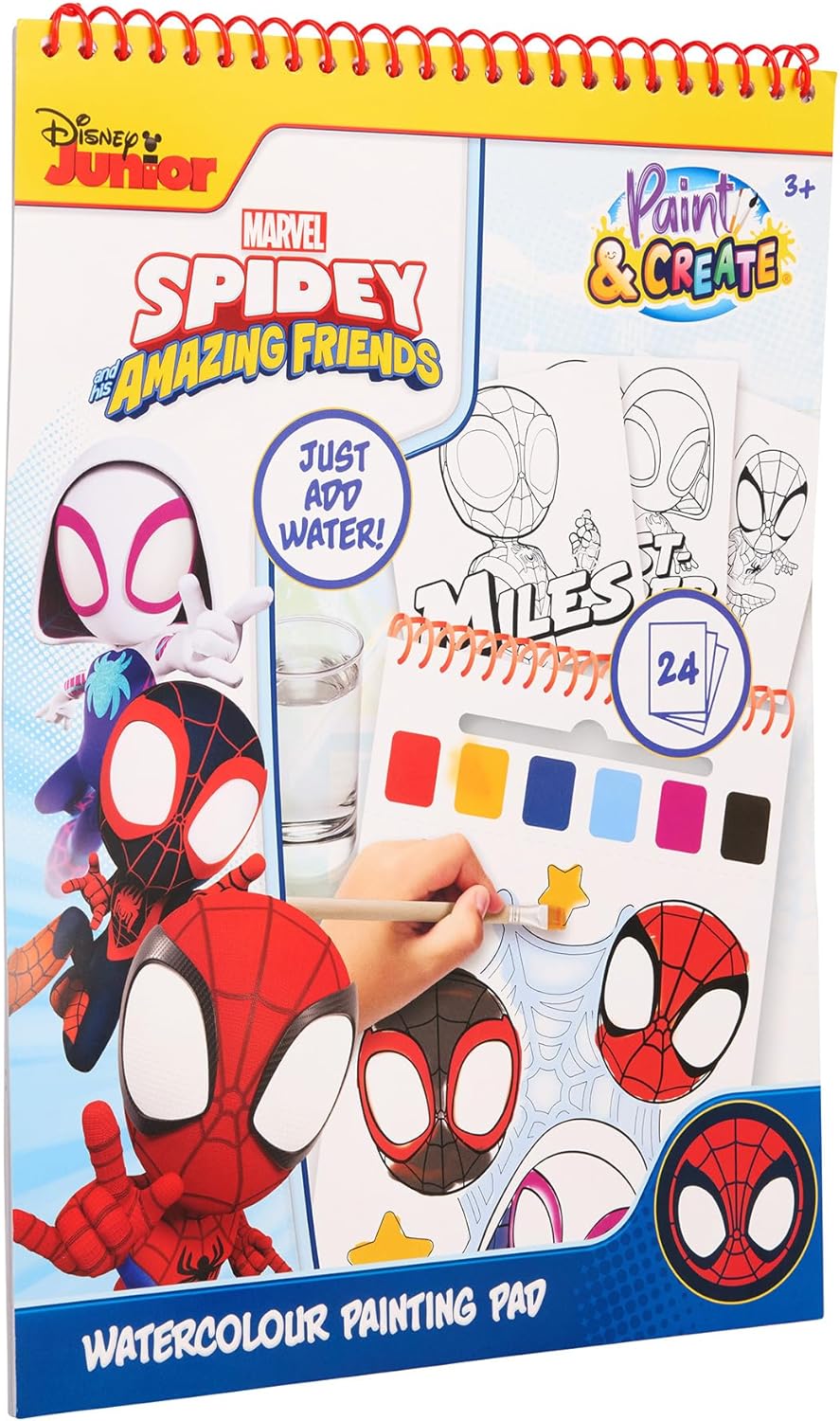Disney Junior Spidey and Friends - Water Colouring Book with Brush - 24 Paint with Water Pages - Creative Fun for Kids Age 3+ (SP24355)