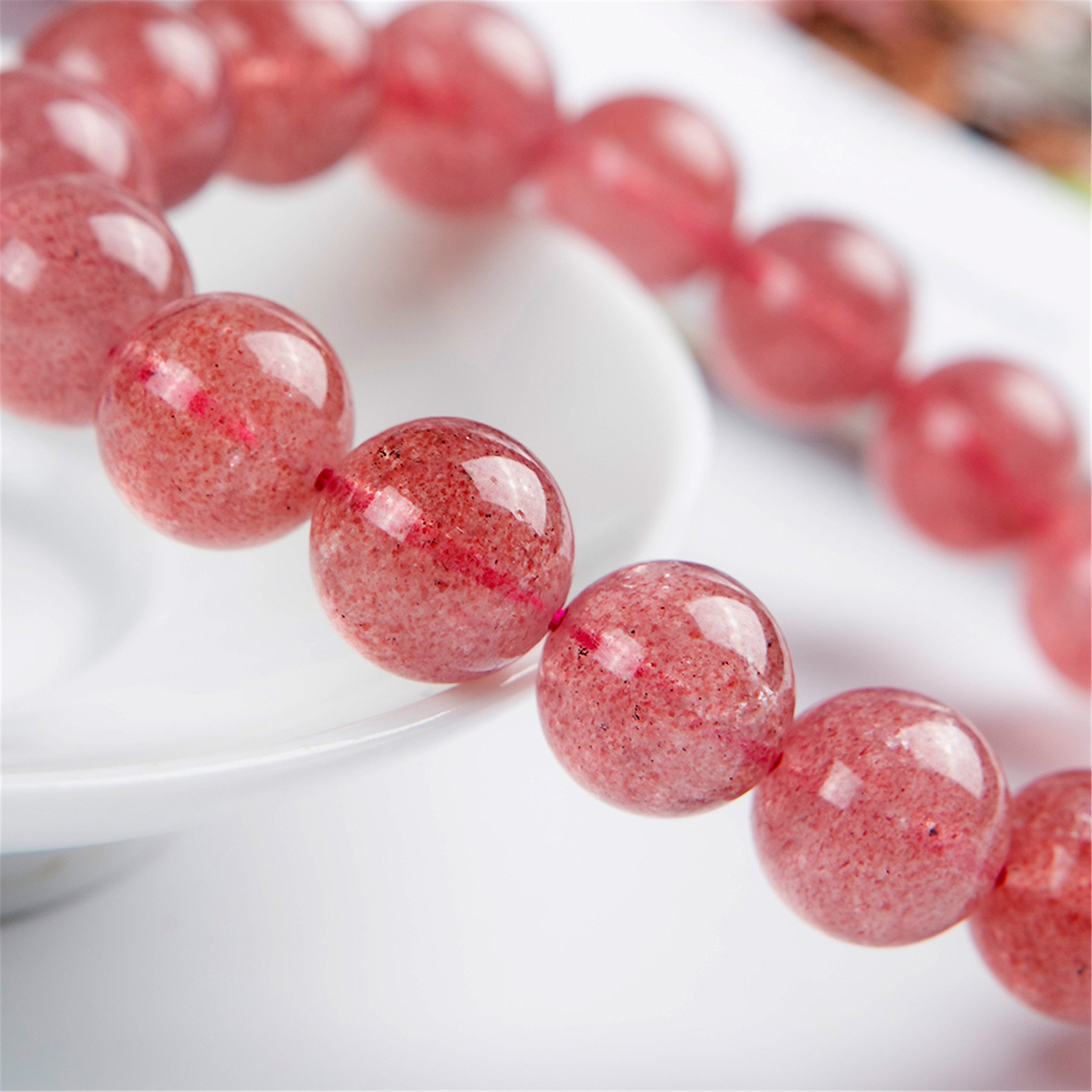 Braccialetti for Donne,Bracciale con Perline,Autentico Quarzo Fragola Naturale Gemma di Cristallo Elasticizzato Bracciale con Perline Rotonde 12mm