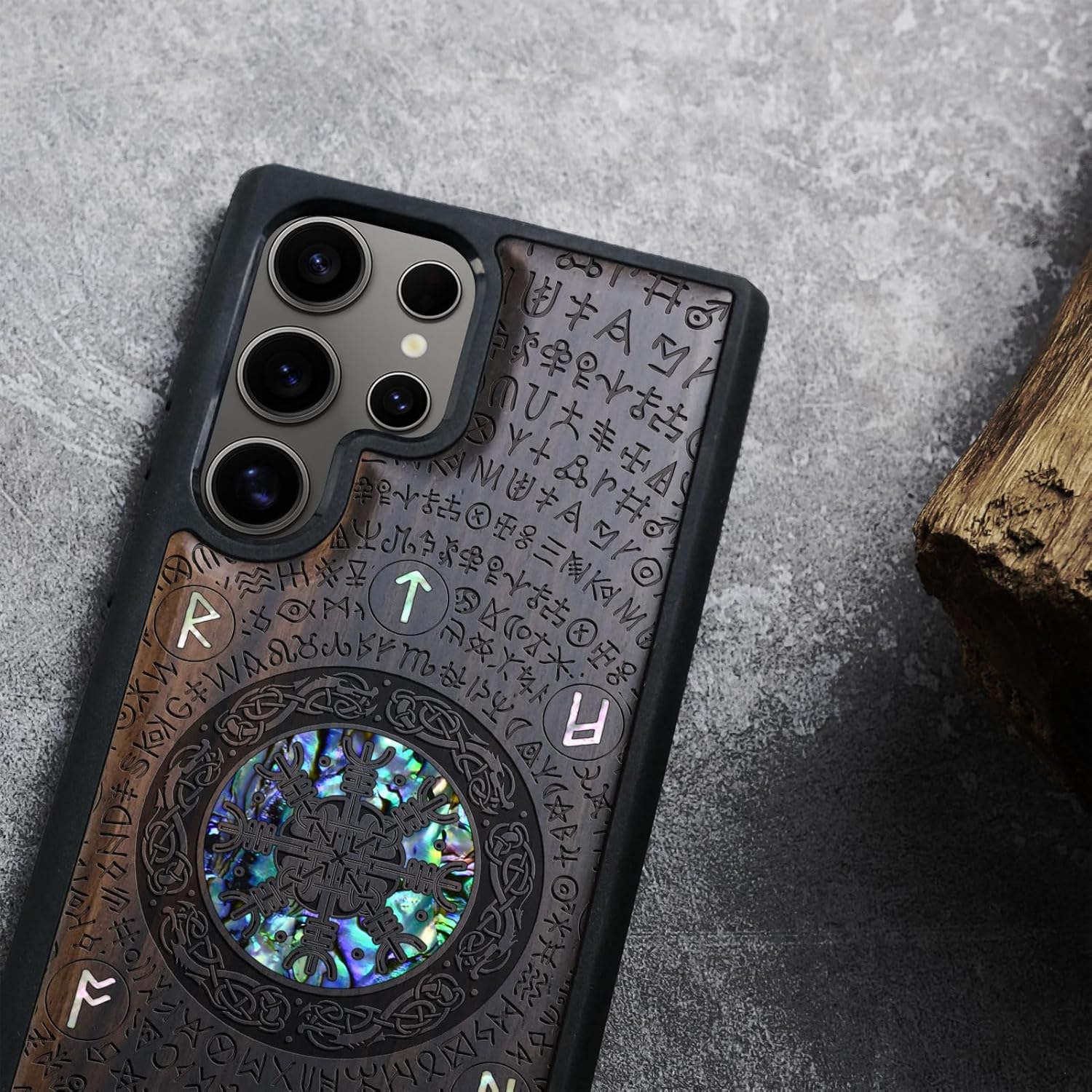 Carveit Designer Wooden Case for Samsung Galaxy S25 Ultra Case [Wood Engraving & Shell Inlay] Compatible with Wireless Chargers S25 Ultra (Viking-Blackwood)