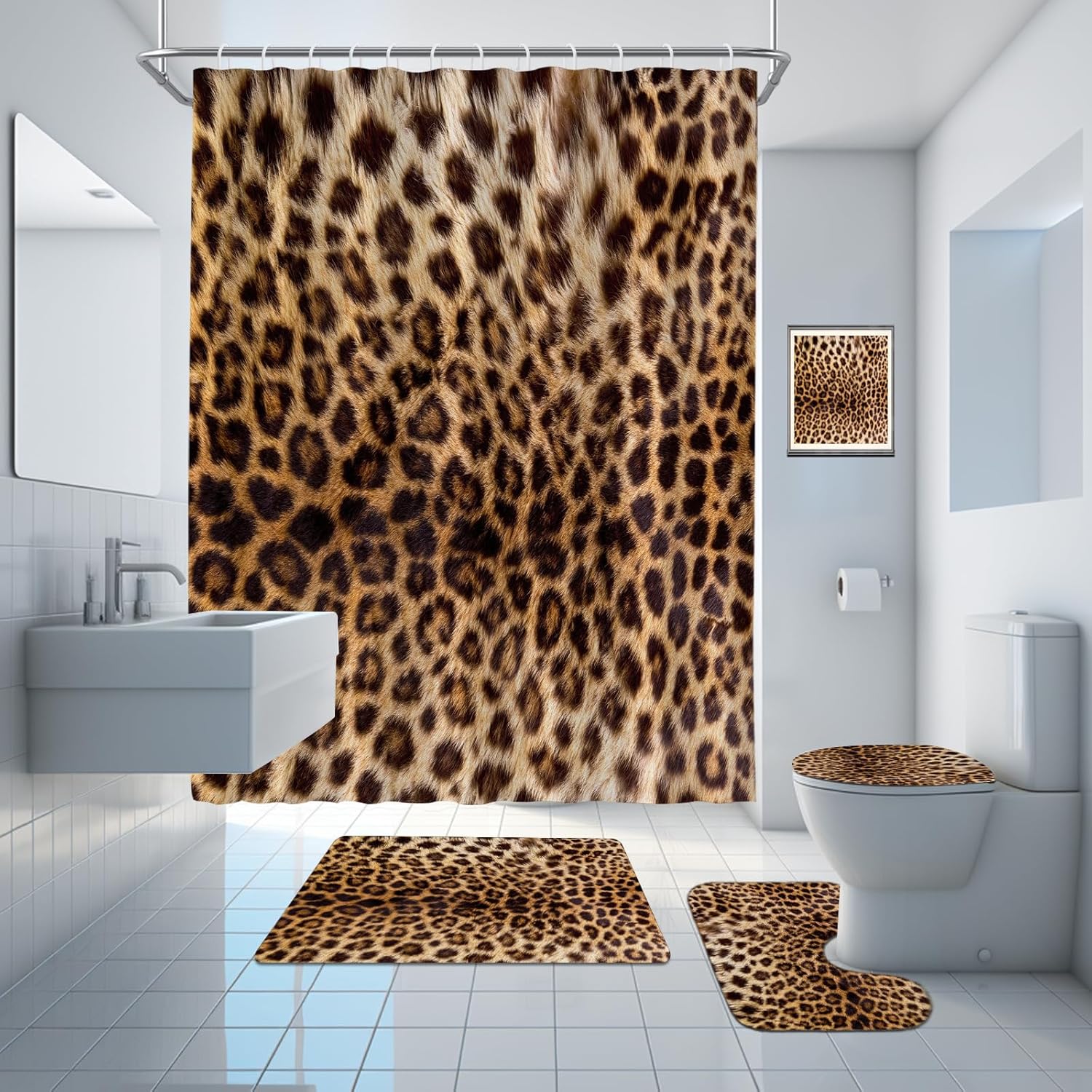 Onalasyc 4 Pcs Leopard Shower Curtain,Cheetah Print Bathroom Set Shower Curtain Sets with Rugs,Brown Animal Print Shower Curtain Bathroom Decor Sets,juego de baños de Set completo with 12 Pcs Hook