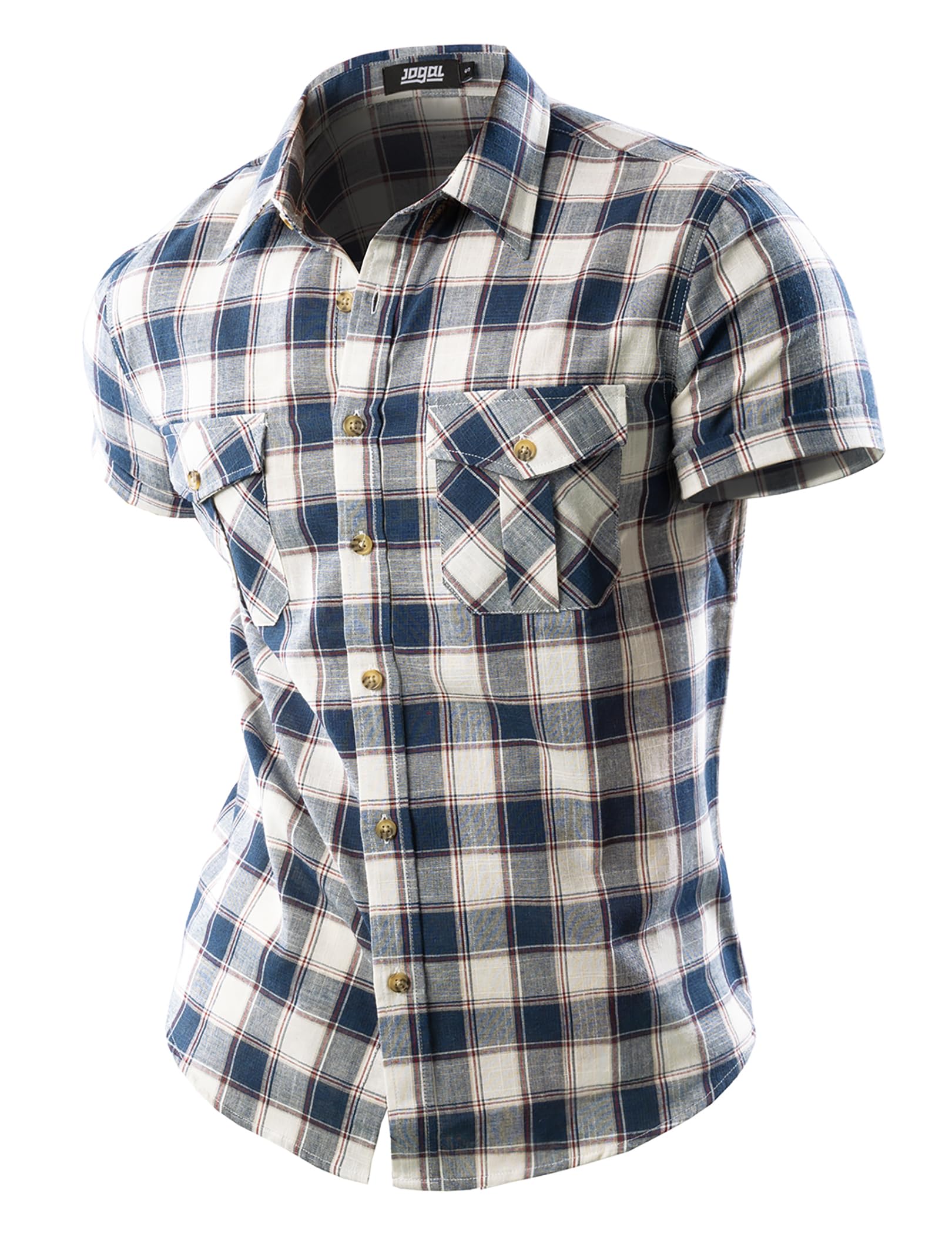 JOGAL Camisa de lino de algodón de manga corta a cuadros para hombre, corte regular, para verano, camisa informal con bolsillos, camisa de traje con botones, camisa de trabajo