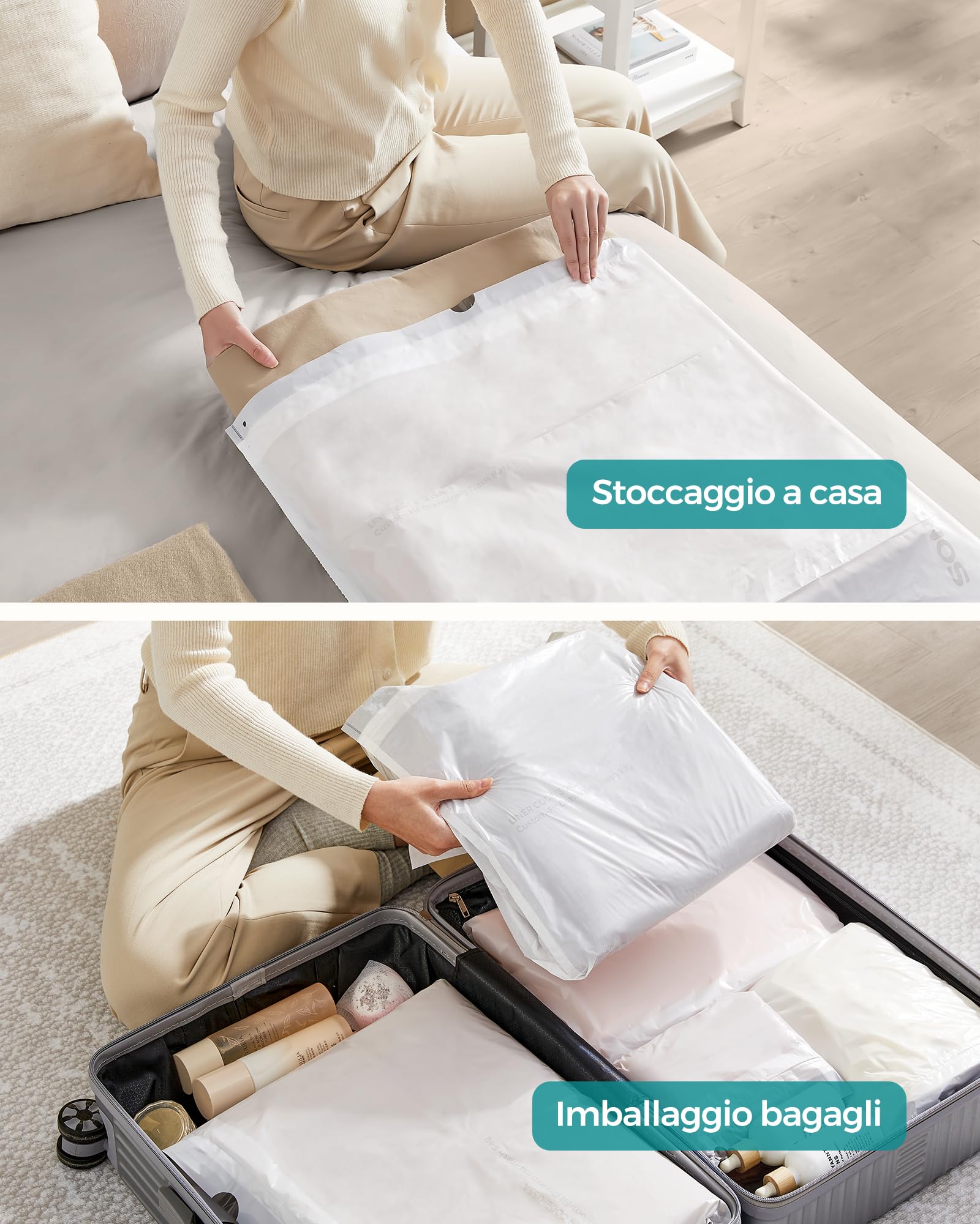 SONGMICS Sacchi Spazzatura, Sacchetti per Immondizia con Manici a Cordoncino, Sacchi per Pattumiere da Cucina da 50L, Pre-separati, Codice 050A01, 2 Rotoli, 80 Pezzi, Bianco KRB050A02
