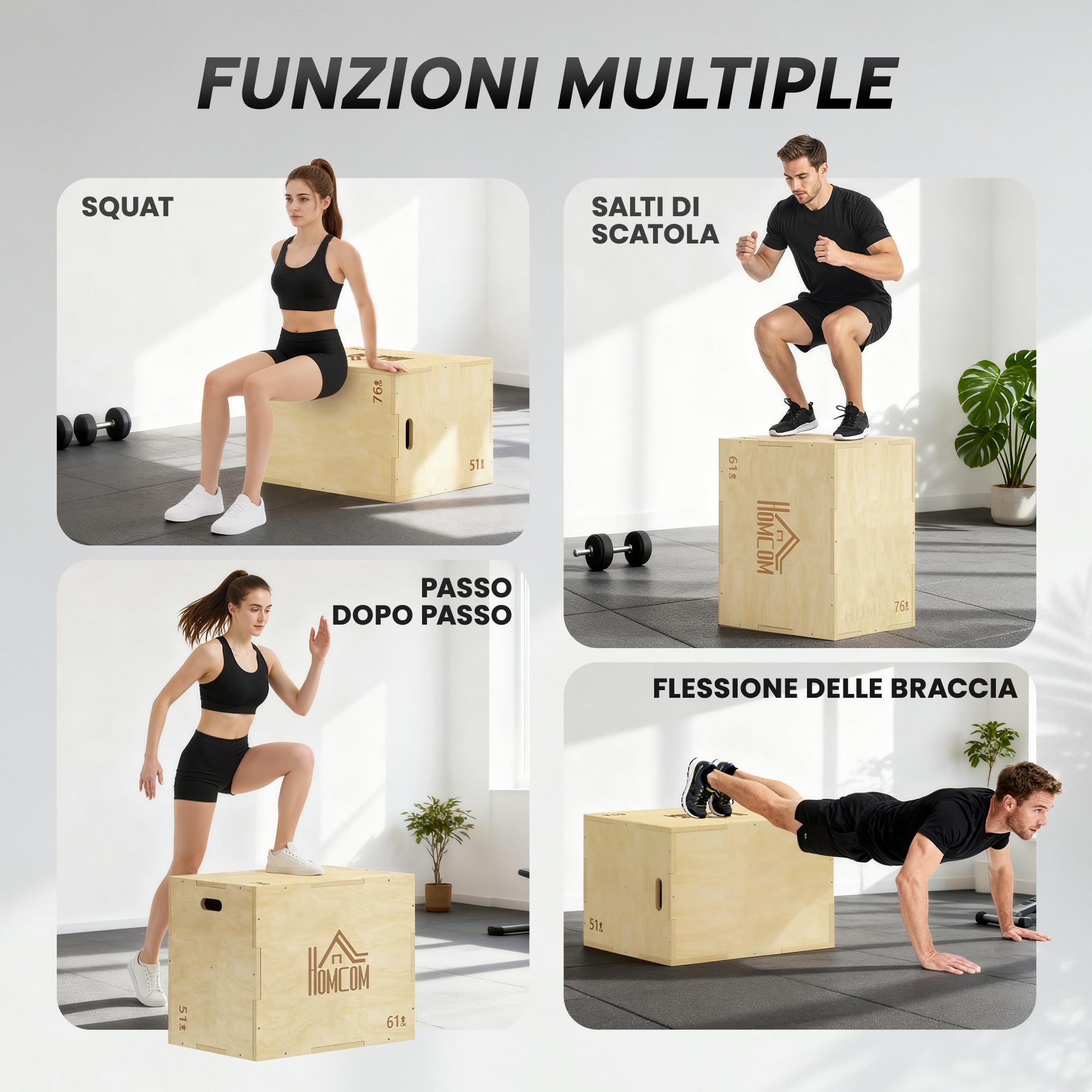 HOMCOM Plyo Box a 3 Altezze Regolabili in Legno di Faggio per Casa e Palestra
