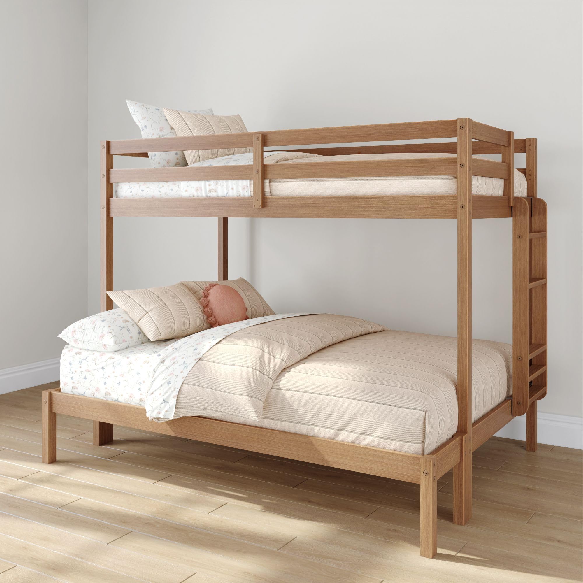 Grain & Grove Bear Twin Over Full Bunk Bed, Sturdy Bunk Bed Frame for Kids, Plywood Bunk with Ladder, Guardrail, and Slats, No Box Spring Required, Oak Embossed Pecan