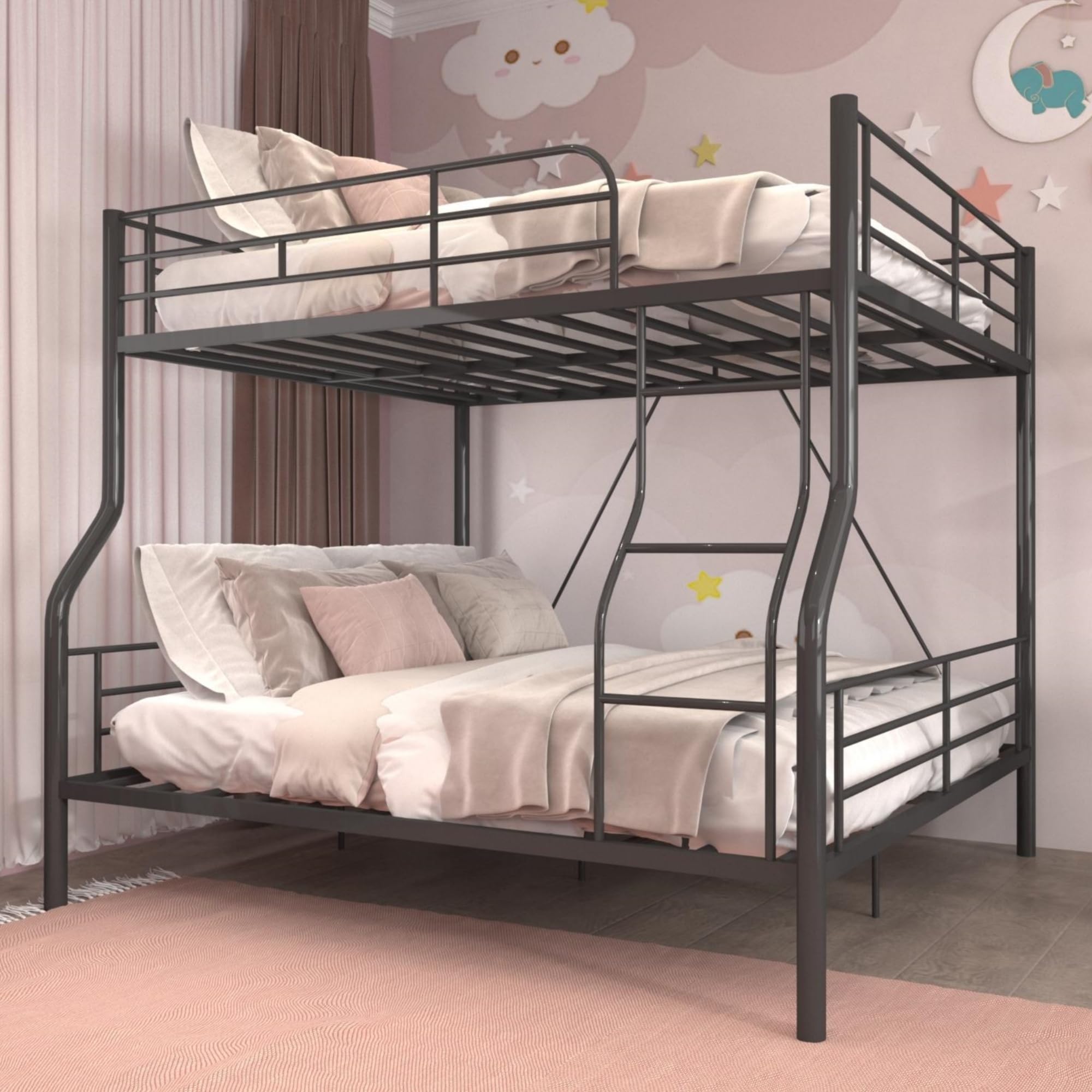 Metal Full XL Over Queen Bunk Beds for Adults, Heavy-Duty Bunk Bed Full XL Over Queen Size with Ladder for Kids Boys Girls Teens, Convertible to 2 separate beds, Weight capacity: 450 lbs (Black)