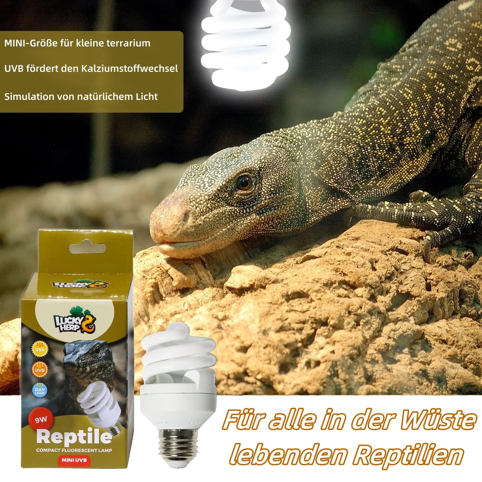 LUCKY HERP Lampadina UVA UVB per Rettili, Lampada UVB Tartaruga Terrestre 9W 10.0, MINI Terrarium Lampe per Rettili Draghi Barbuti