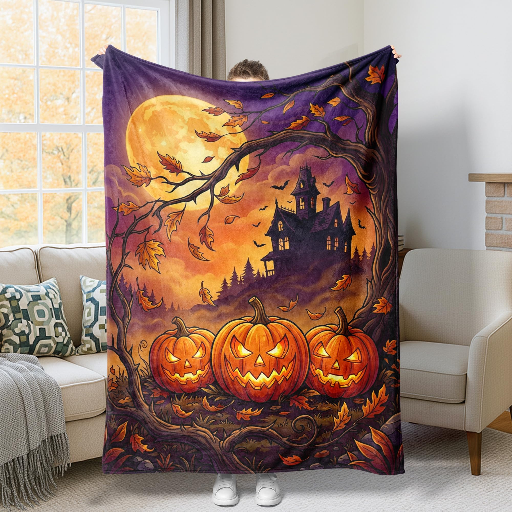 Couverture citrouilles Halloween haut de gamme en polaire orange pour lit et sofa