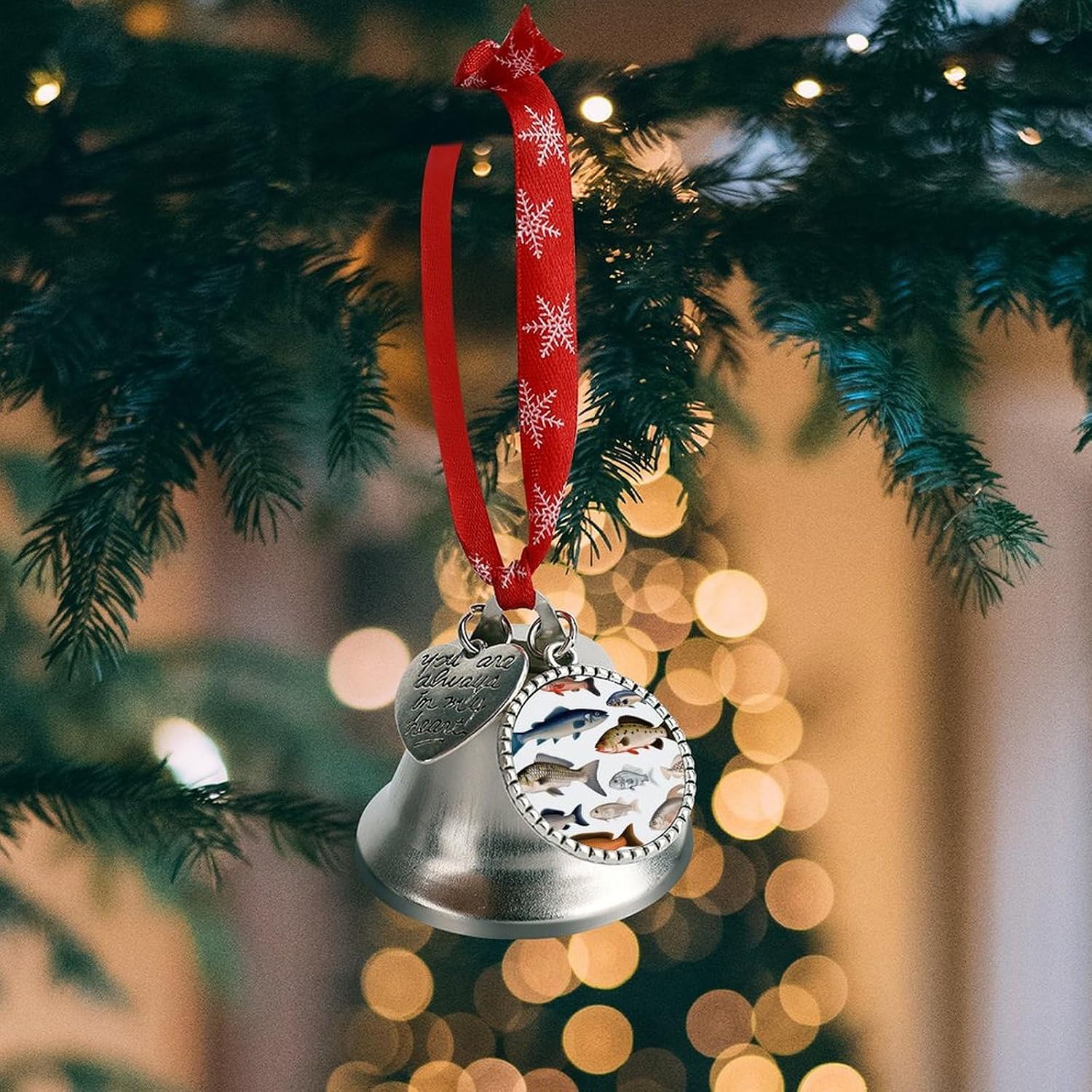 Different Fish Bell Ornament Red Ribbon for Christmas Tree Holiday Decoration Personality Believe Bell Ornaments Sleigh Bells for Winter New Year Party Supplies
