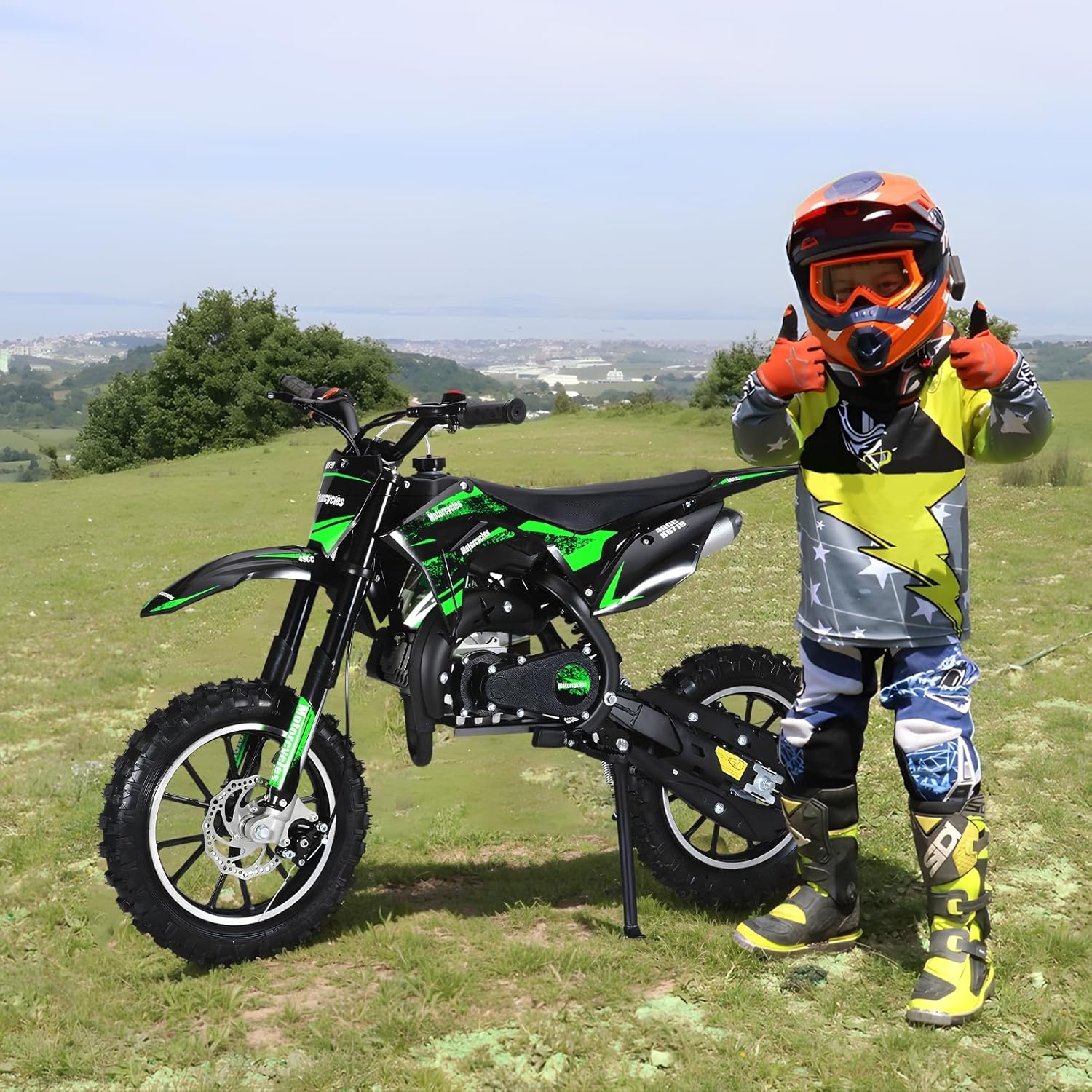 Talent Star 49cc 2‑Stroke Kids Dirt Bike, Gas Powered Mini Off‑Road Motorcycle with Front & Rear Disc Brakes, 10‑Inch Tires, Shock Absorption, Up to 25 mph, 330 lbs Load Green