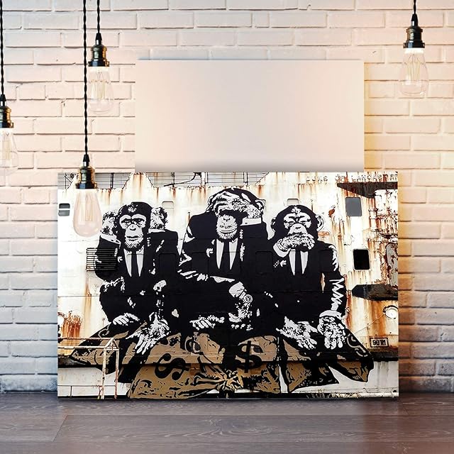 BANKSY 3 WISE MONKEYS CANVAS WALL GRAFFITI ART PRINT ARTWORK FRAMED (24in x 16in / 60cm x 40cm)
