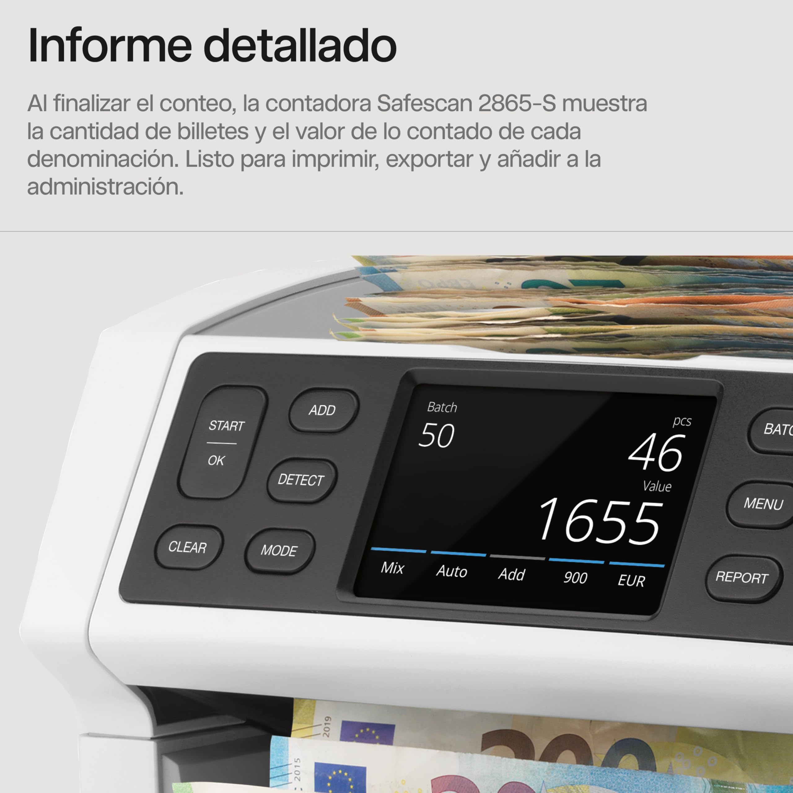 Safescan 2865-S Contadora de billetes cuenta el valor de billetes mezclados - Contadora detectora de billetes falsos en 7 puntos - Máquina para contar billetes con interfaz multilingüe