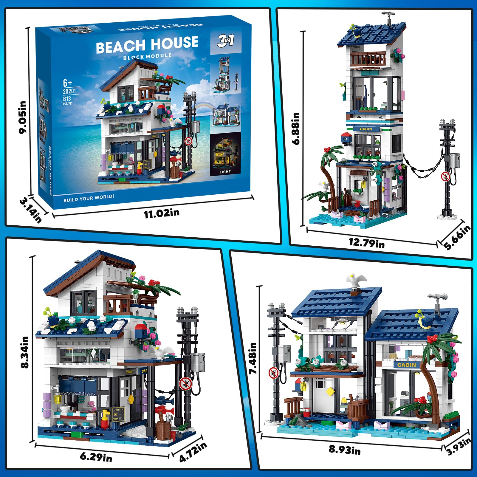 3 in 1 City House Building Sets,Creative Modern House with Light,Seaside Beach Villa Japanese Style Cottage Friends Vacation Hut Building Blocks Toys for Kids Ages 6+
