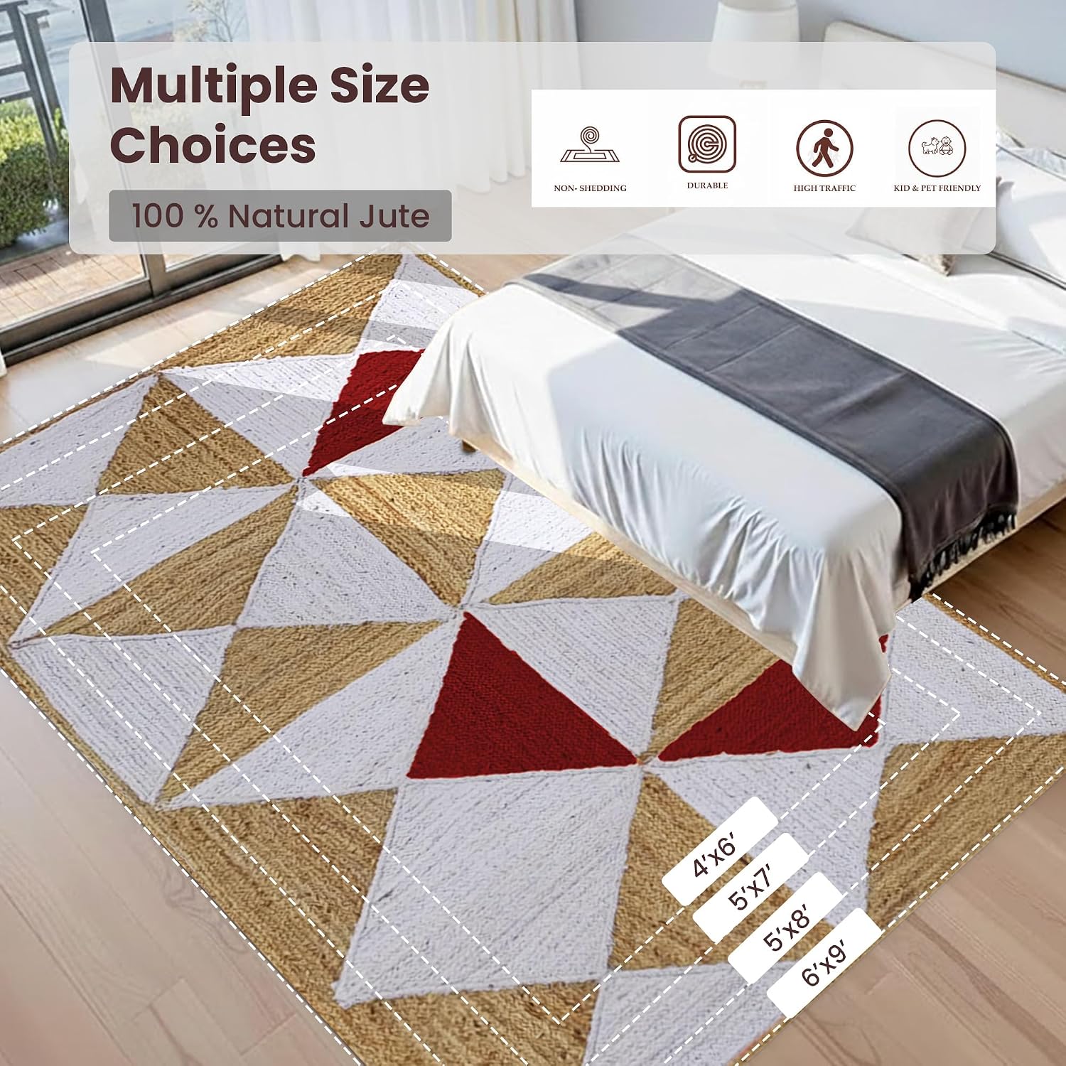 Hand Braided Jute 12x15 Ft Kilim Flatweave Rug Natural Fiber Geometric Red Jute Rugs Ideal for High Traffic Area Living Room Bedroom Farmhouse Large Space & Home Décor