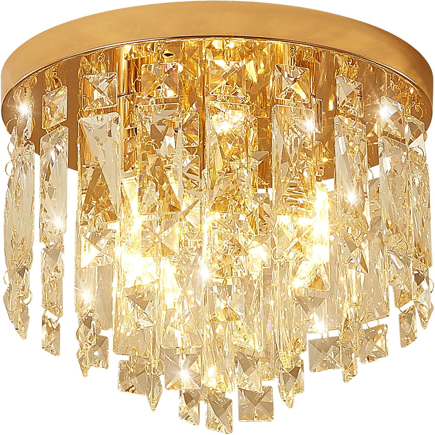 YMP&YZX Small Crystal Chandelier for Low Ceiling,11.8" French Gold Modern Crystal Chandelier with E12 Base Lights for Bedroom Living Dining Room Hallway Closet Light Fixture Flush Mount 3 Light