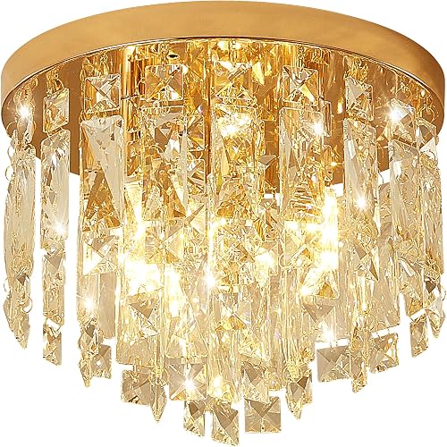 YMP&YZX Small Crystal Chandelier for Low Ceiling,11.8" French Gold Modern Crystal Chandelier with E12 Base Lights for Bedroom Living Dining Room Hallway Closet Light Fixture Flush Mount 3 Light