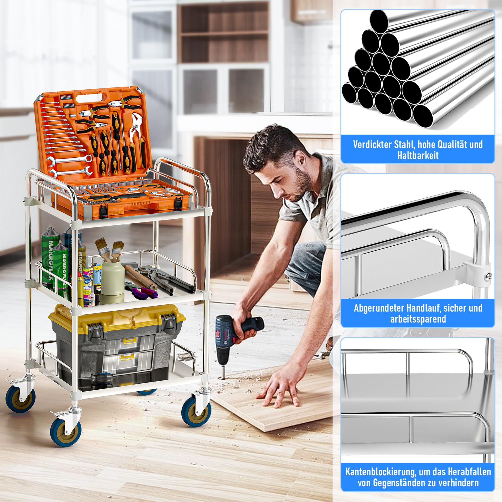 lesolar Labor Rollwägen, Servierwagen Edelstahl 3 Böden, Edelstahl Küchenwagen mit 4 Schwenkbar Rollen 2 Bremse, Serving Lab Trolley, Transportwagen, Laborwagen, Teewagen 440 x 660 x 860 mm