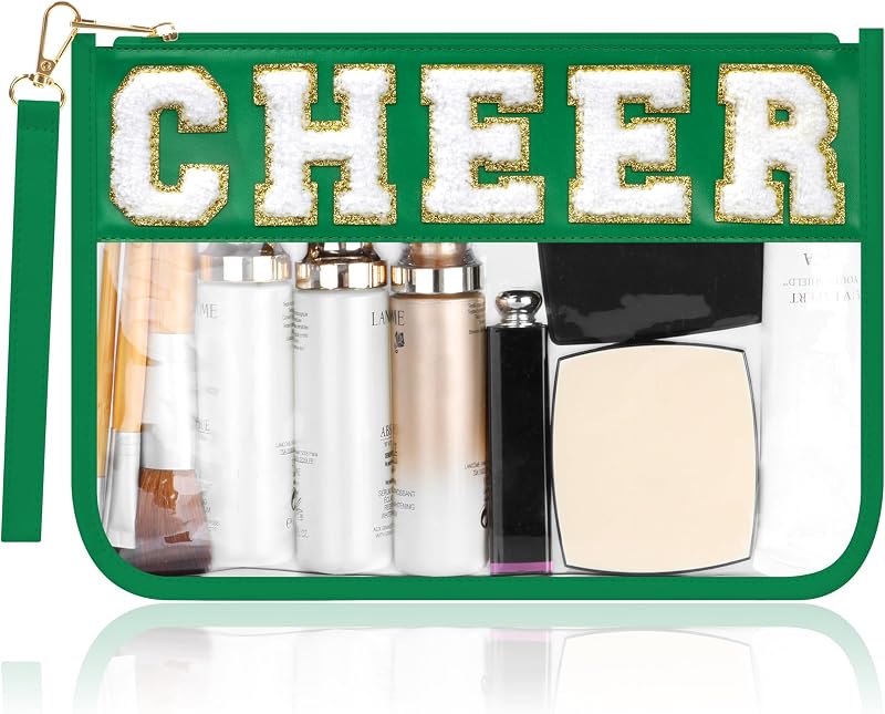 BuyCard Necessaire transparente de PVC verde com letras de chenille, zíper e estampa Cheer, Pacote com 1