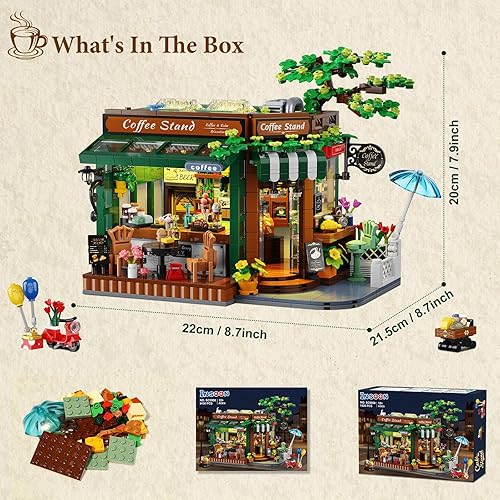 Miniatura 8 de Juego de construcción de soporte de café callejero con luz LED, kit de bloques de construcción de casa de café urbano, arquitectura clásica de