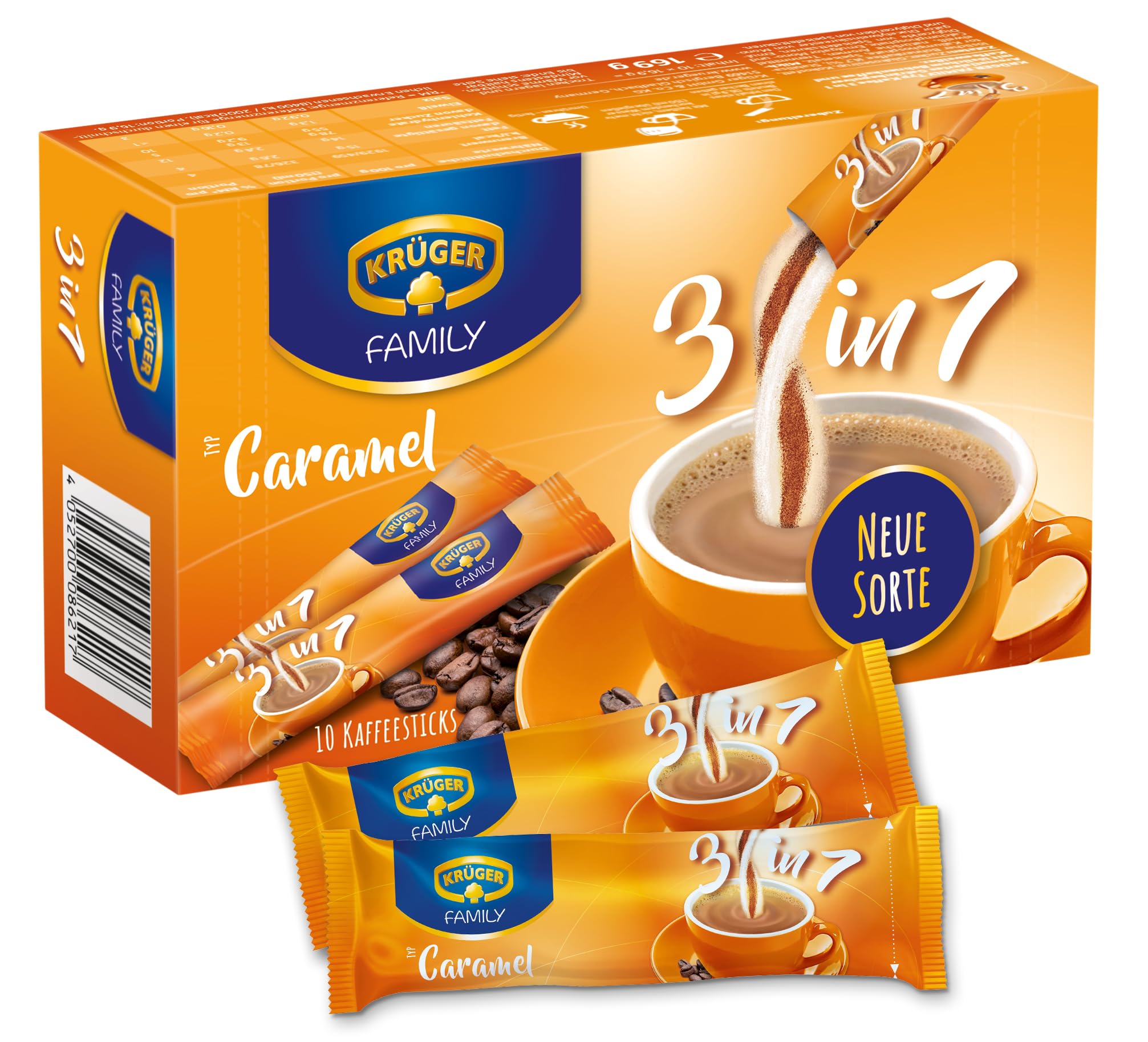 KRÜGER Family 3 in 1 Caramel, Instant Kaffee Sticks mit löslichem Kaffee, Kaffeeweißer, Zucker & Karamell-Aroma, 10 Sticks (16,9g)
