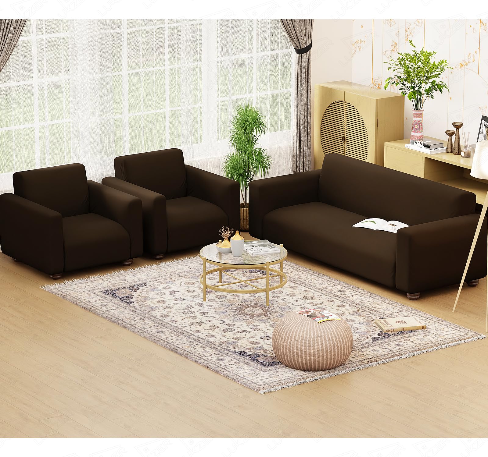 Lukzer 5 Seater Plain Brown Design Universal Sofa Cover 3+1+1 Seater | 360° Fully Covered Anti-Slip Washable Couch Cover Protecter | 140 GSM Stretch Fit Polyester + Spandex Slipcover (SC-031-05)-image-38
