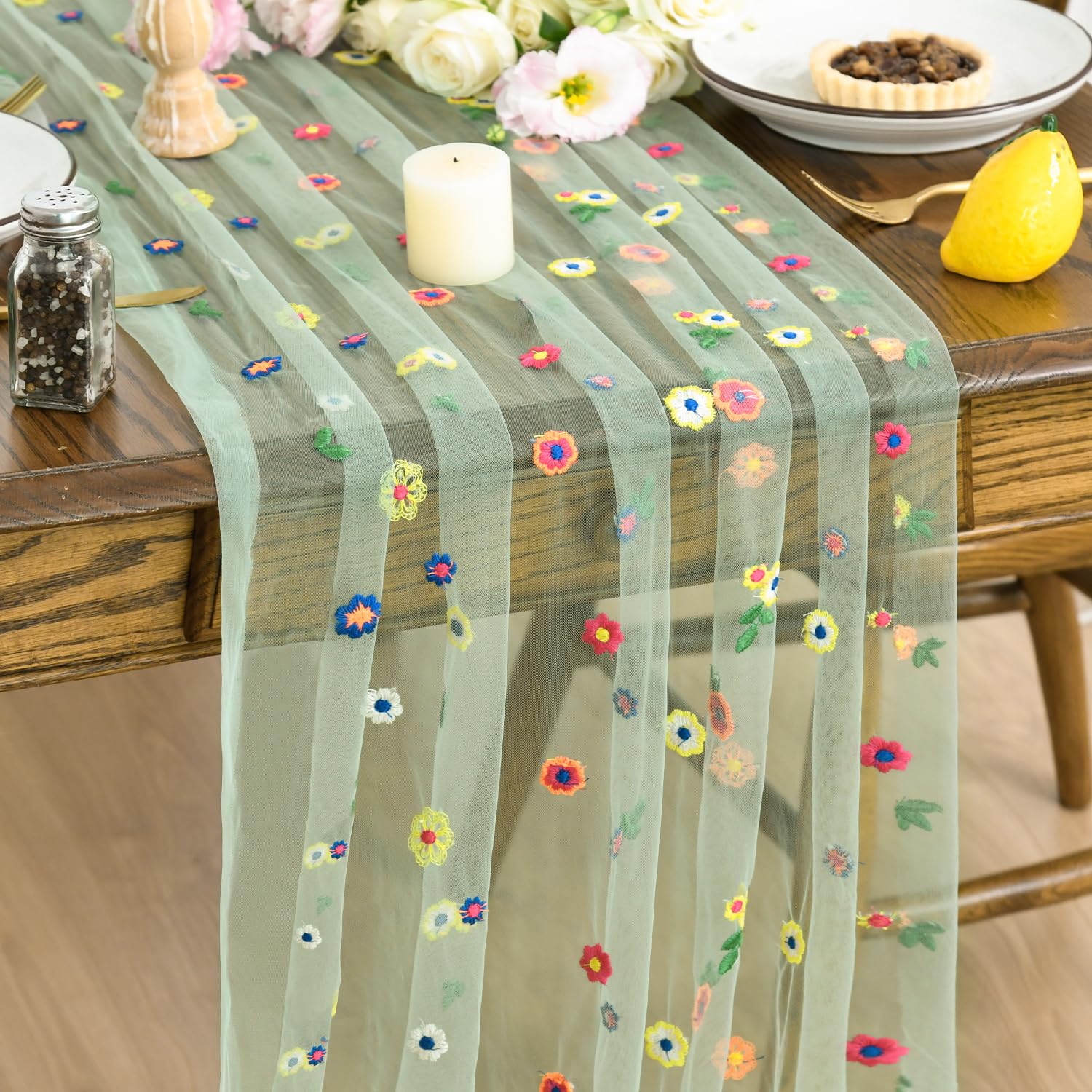 Artoid Mode Sage Green Embroidery Flowers Spring Gauze Table Runner 70x300 cm, Summmer Tulle Sheer Dining Holiday Birthday Table Decor for Home Party — image 1