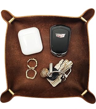 Leather Valet Tray Entryway Catchcall Tray Nightstand Organizer Storage for Wallets Watches Keys Holder Dish Bowl Coins Office Desk Accessory Antique Brown-Oil Wax Leather.