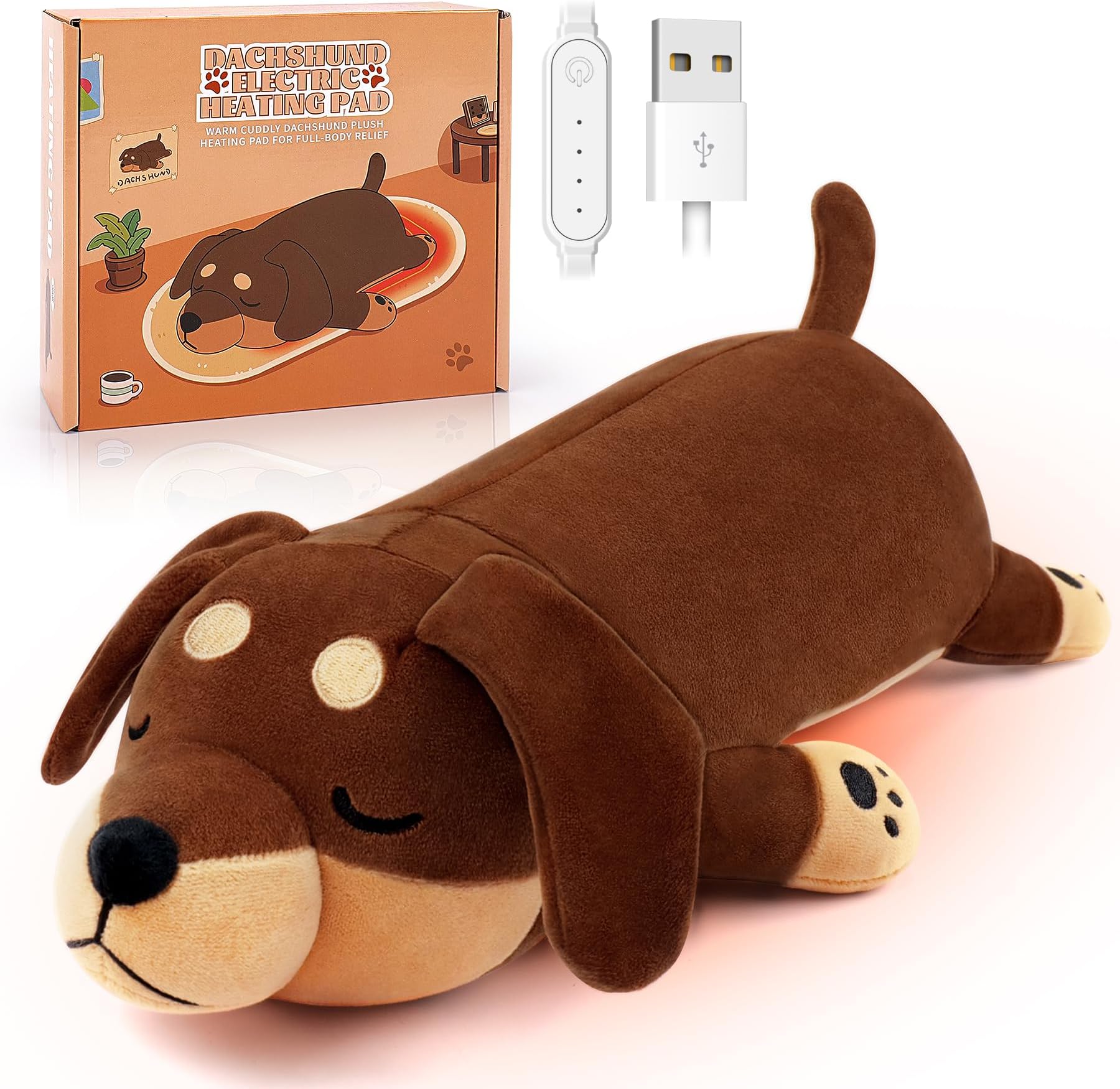 Electric Heating Pad for Period Cramps, Cuddly Soft 14" Dachshund Dog Plush with a Hot Soft Belly USB Powered, Stuffed Heating Pad for Pain Relief, Weiner Dog Gift for Women Daughter Wife