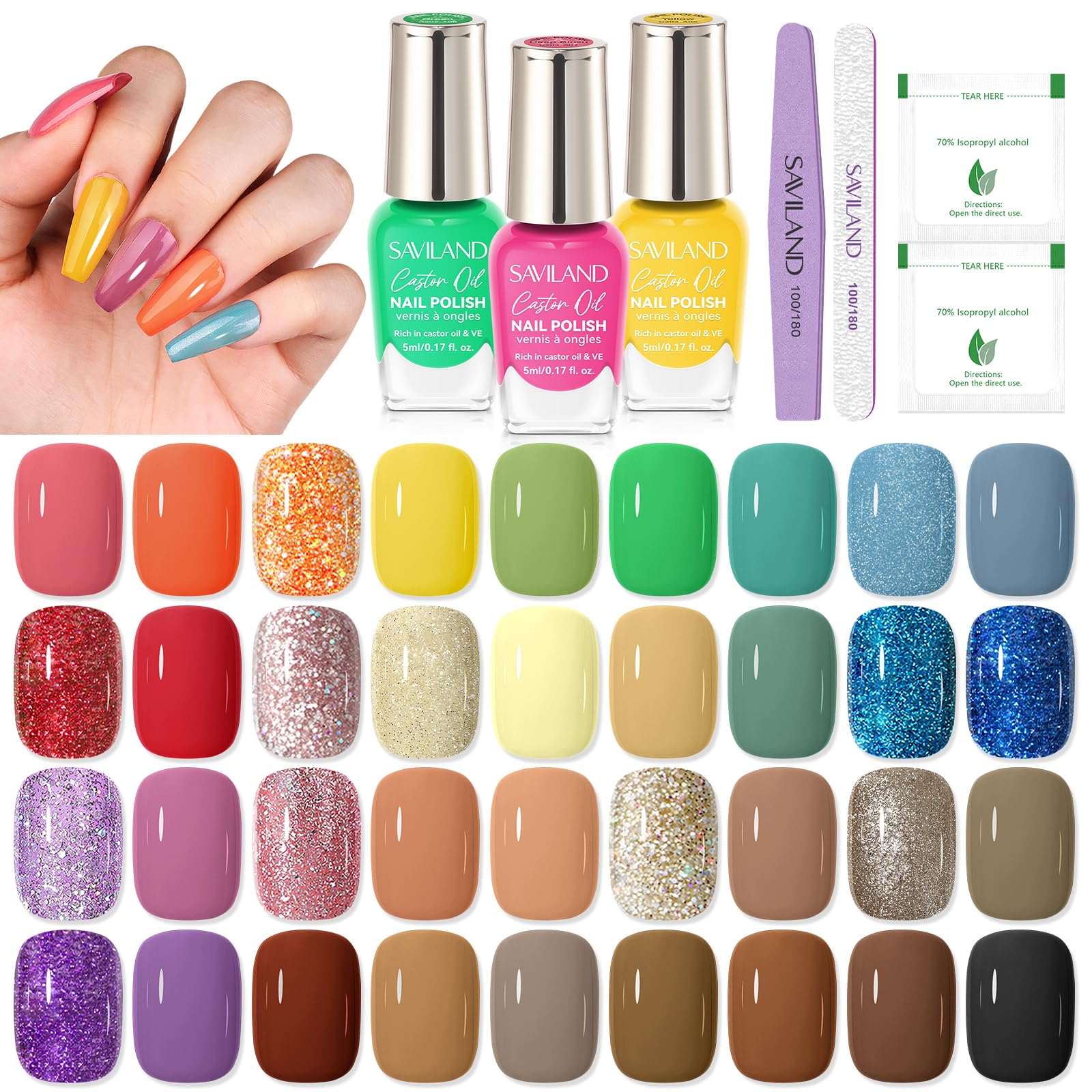 SAVILAND Fingernail Nail Polish Set: 36 Colors Glitter Red Green Air Quick Dry Finger Nail Polish Kit, Regular Toe Polish Non Gel with Top Base Polish Coat for Women Nail Art Design Home