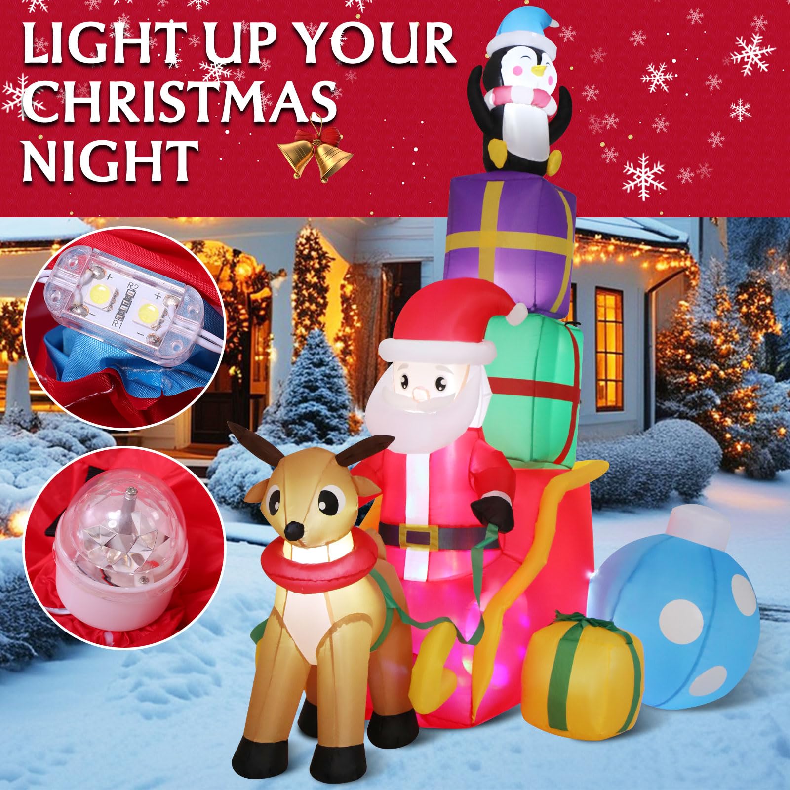 AKEYDIY Décorations de Noël gonflables pour cour – Père Noël renne sur traîneau – Décorations de Noël gonflables avec lumières DEL intégrées pour maison, cour, jardin, pelouse, fête, centres