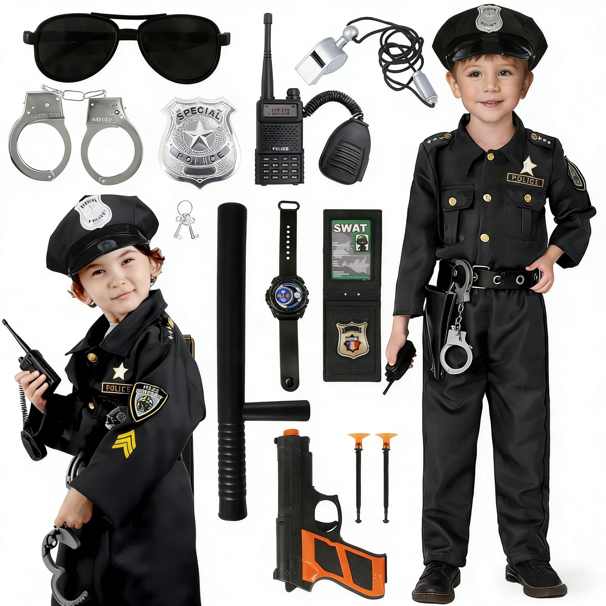 Kitimi Police Costume Kids, Children Police Costume Outfit, Kids Police Accessories Set Police Baton Police Hat Handcuffs for Carnival Halloween Cosplay Party