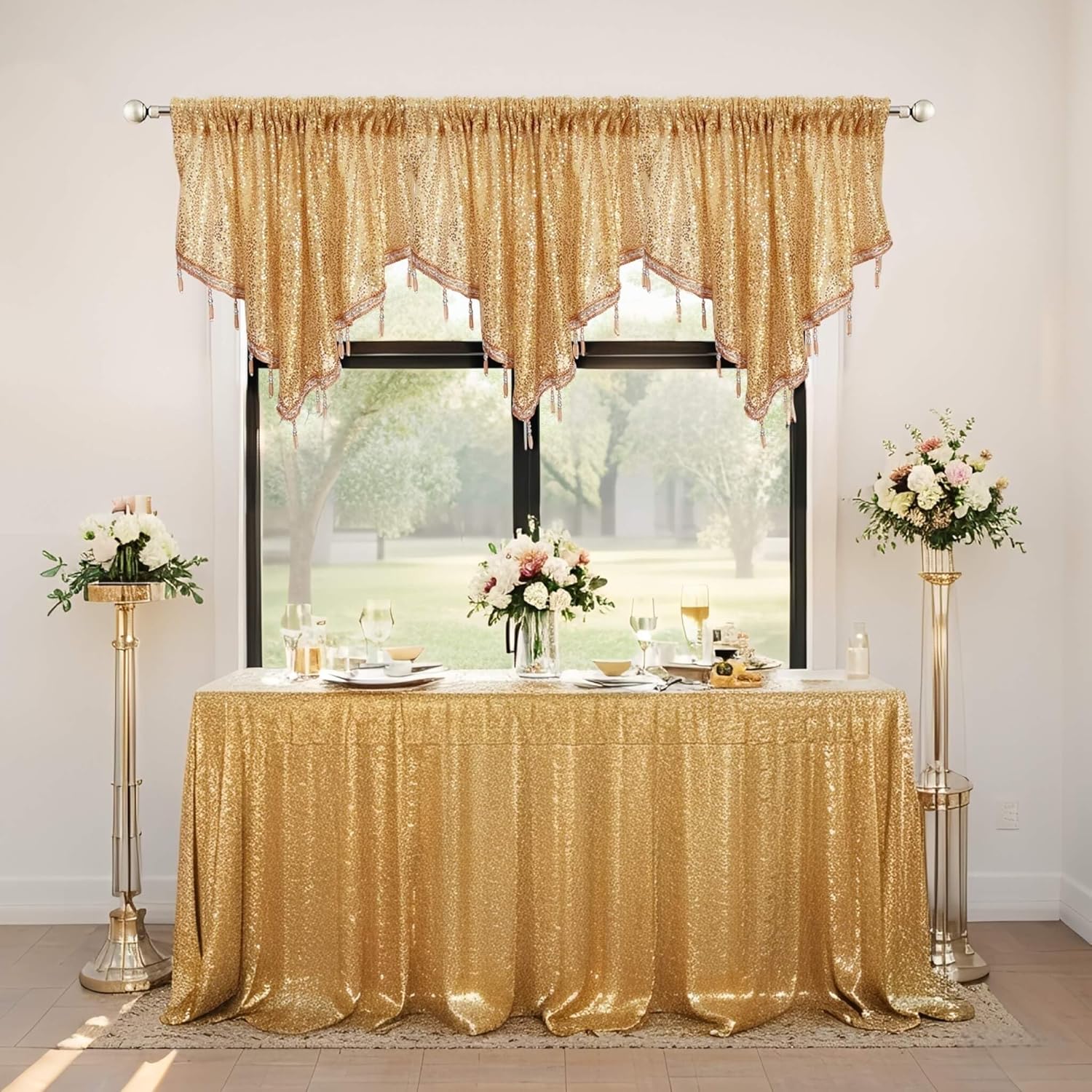 WUBODTI Gold Beaded Curtain Valances for Windows 3 PCS, Boho Glitter Triangle Sequin Tassels Kitchen Window Valances Holiday Decor Swag Curtain for Living Room, Wedding & Party, Each W51 x L22