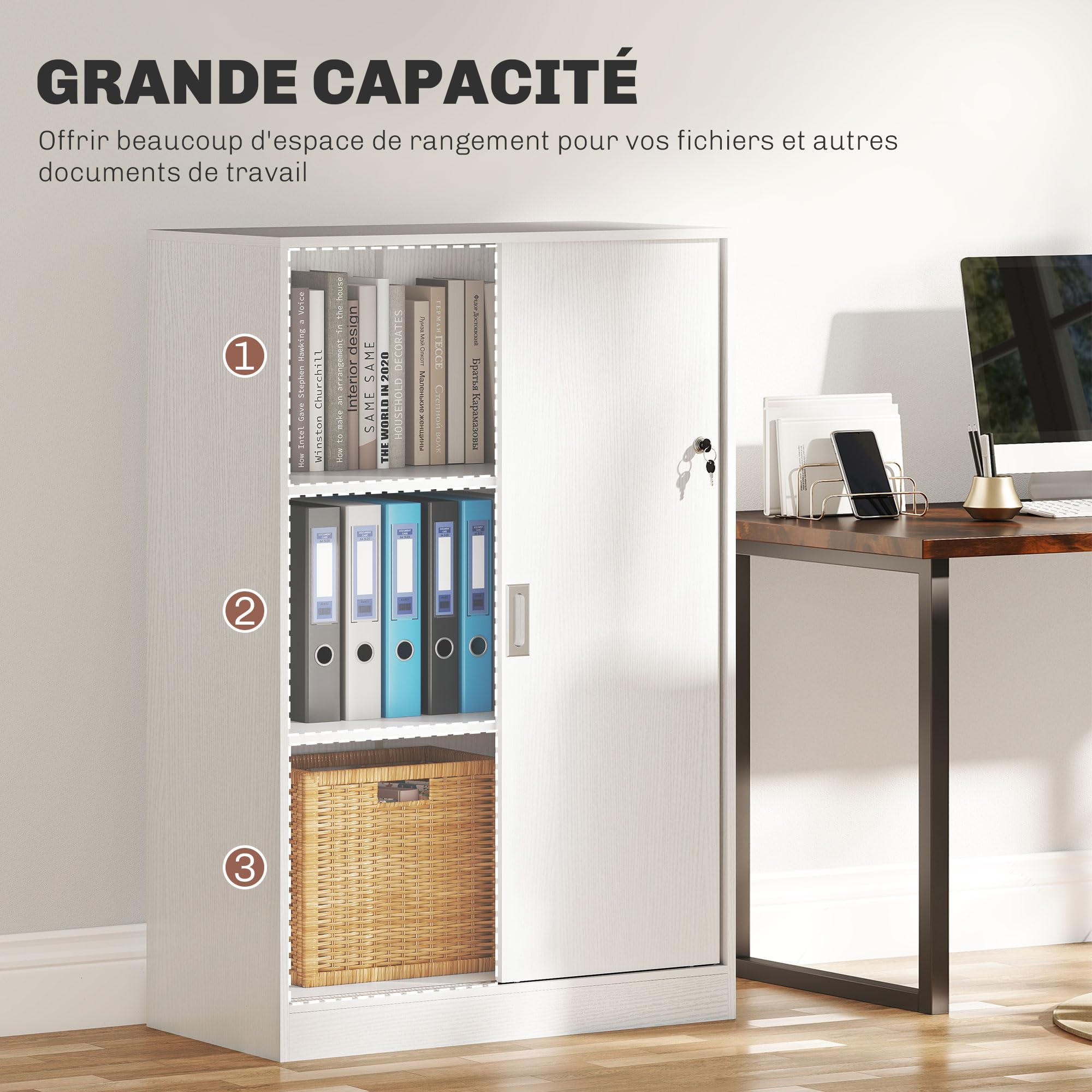 Vinsetto Armoire de Bureau 2 Portes coulissantes verrouillables dim. 80L x 40l x 120H cm 2 étagères en Bois Blanc