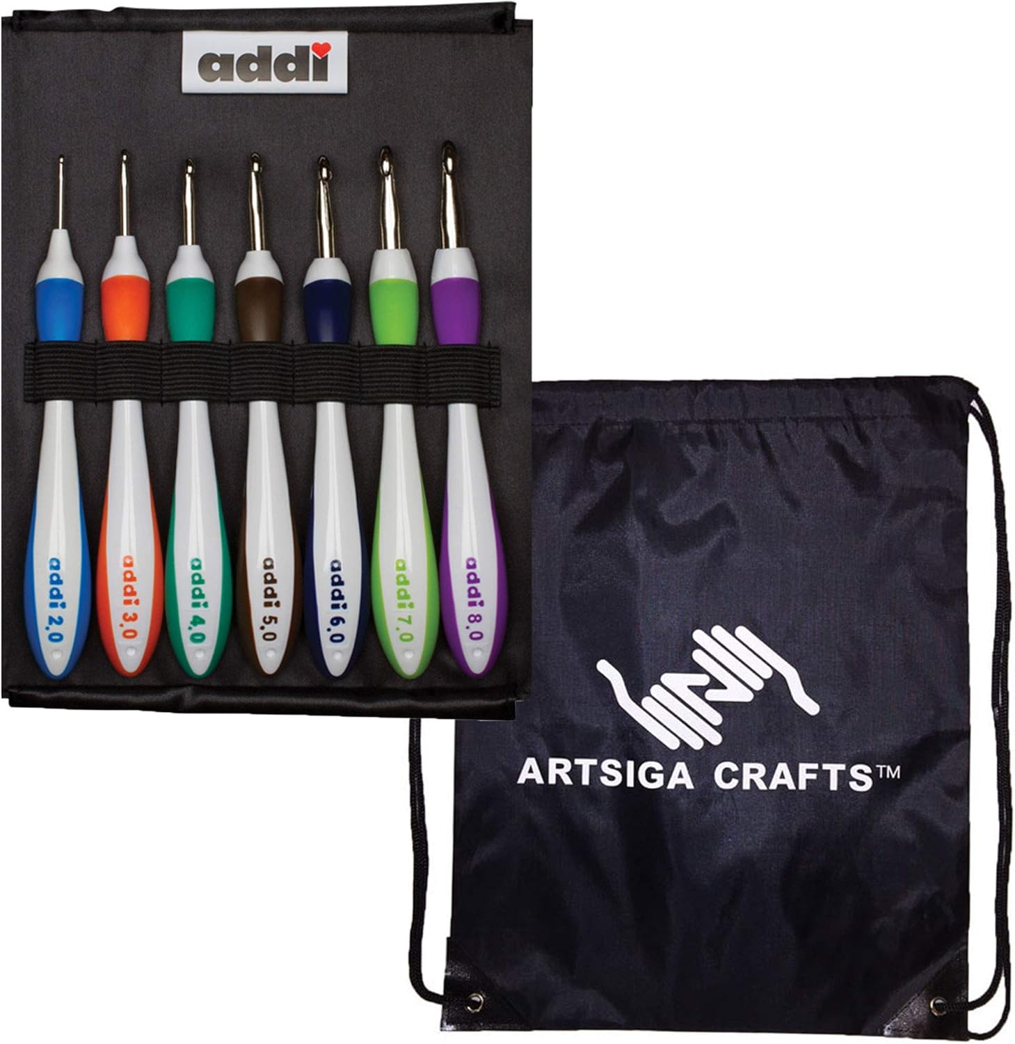 addi Swing Ergonomic Crochet Hook Standard Set Sizes A, C, F, H, J, K and L, Includes Snap-Close Case with Project Bag