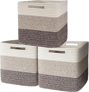AELS Hand Woven Cotton Baskets for Storage, Cube Storage Bins with Handles, Foldable Collapsible Closet Organizers and Storage, Boho Farmhouse Storage Cubes for Shelves, Beige Mixed Khaki Coffee Brown