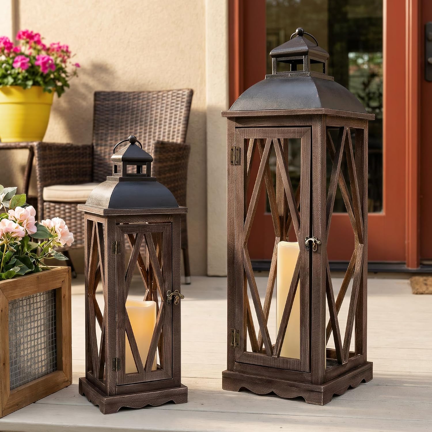 Large Rustic Farmhouse Wooden Candle Lanterns Decorative Set of 2, Extra Large Hanging Brown Candle Lanterns for Home Decor Garden Porch Indoor Outdoor Wedding Decor(No Glass)