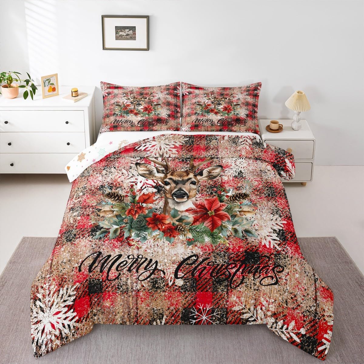 Castle Fairy Christmas Deer Comforter Set King Size,Elk Wild Animal Red Flowers Bedding Set All Season Quilt Set,Retro Plaid Checkered Snowflakes Microfiber Polyester Down Comforter