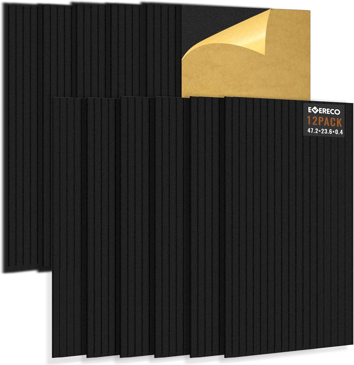 EVERECO Paquete de 12 paneles acústicos de pared grandes, 47,2 x 23,6 x 0,4 pulgadas (92,8 pies cuadrados), paneles autoadhesivos absorbentes de sonido, paneles decorativos a prueba de sonido para paredes, reducción de eco para estudio, oficina, negro