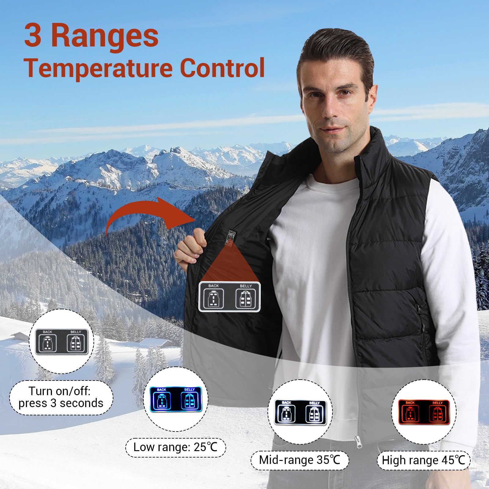 Chaleco Calefactable, Temperatura de 3 Niveles con 15 Zonas de Calefacción, Chaleco Calefactable de Plumón, Carga USB, Chaqueta Térmica Lavable para Uso Exterior (Batería Excluida)