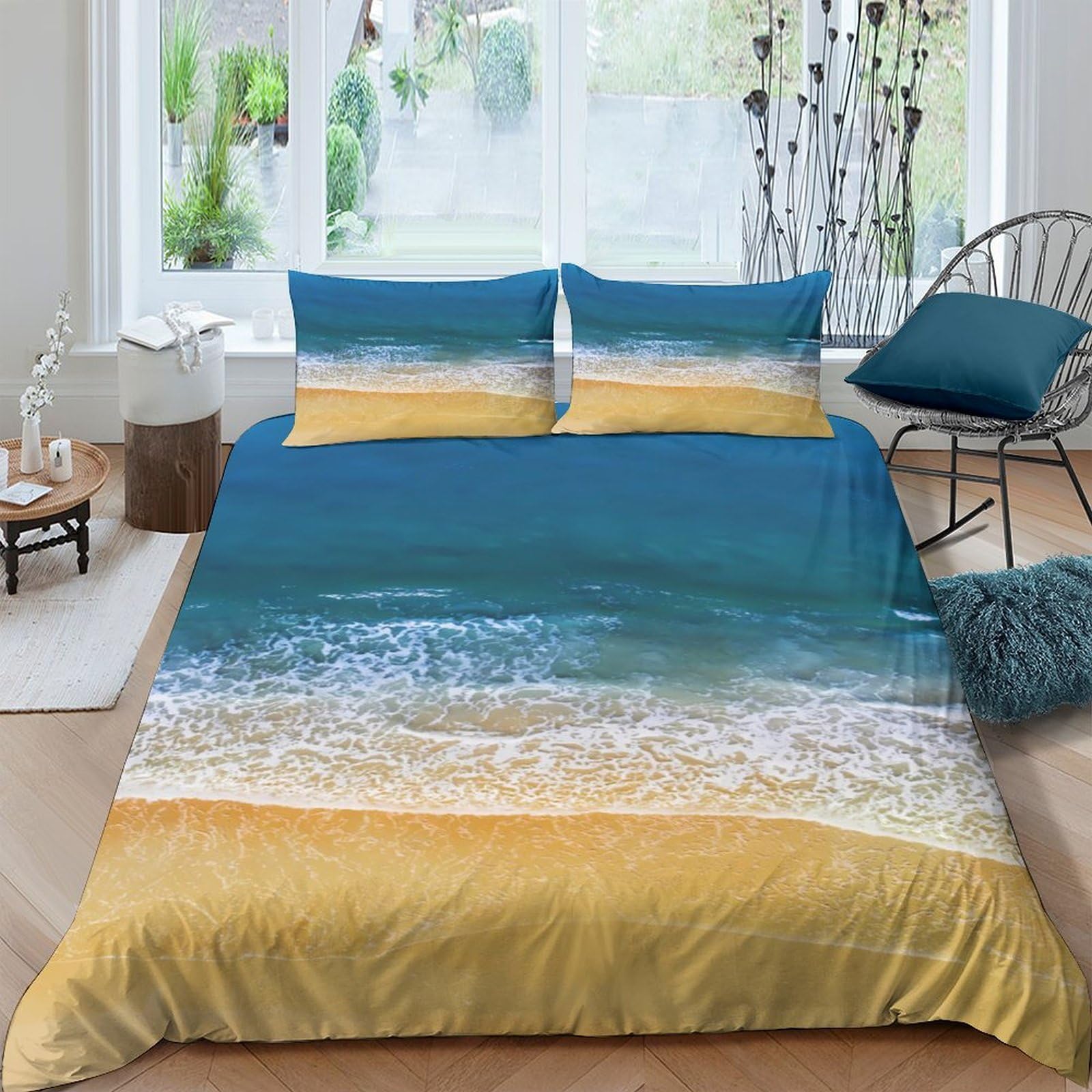 GPLZQXKJNH 3D Printed Beach Ocean Wave Duvet Cover Microfiber Soft Breathable Sea Shore Bedding Set with 2 Pillowcases for Bedroom Rental Decor Single（135x200cm）