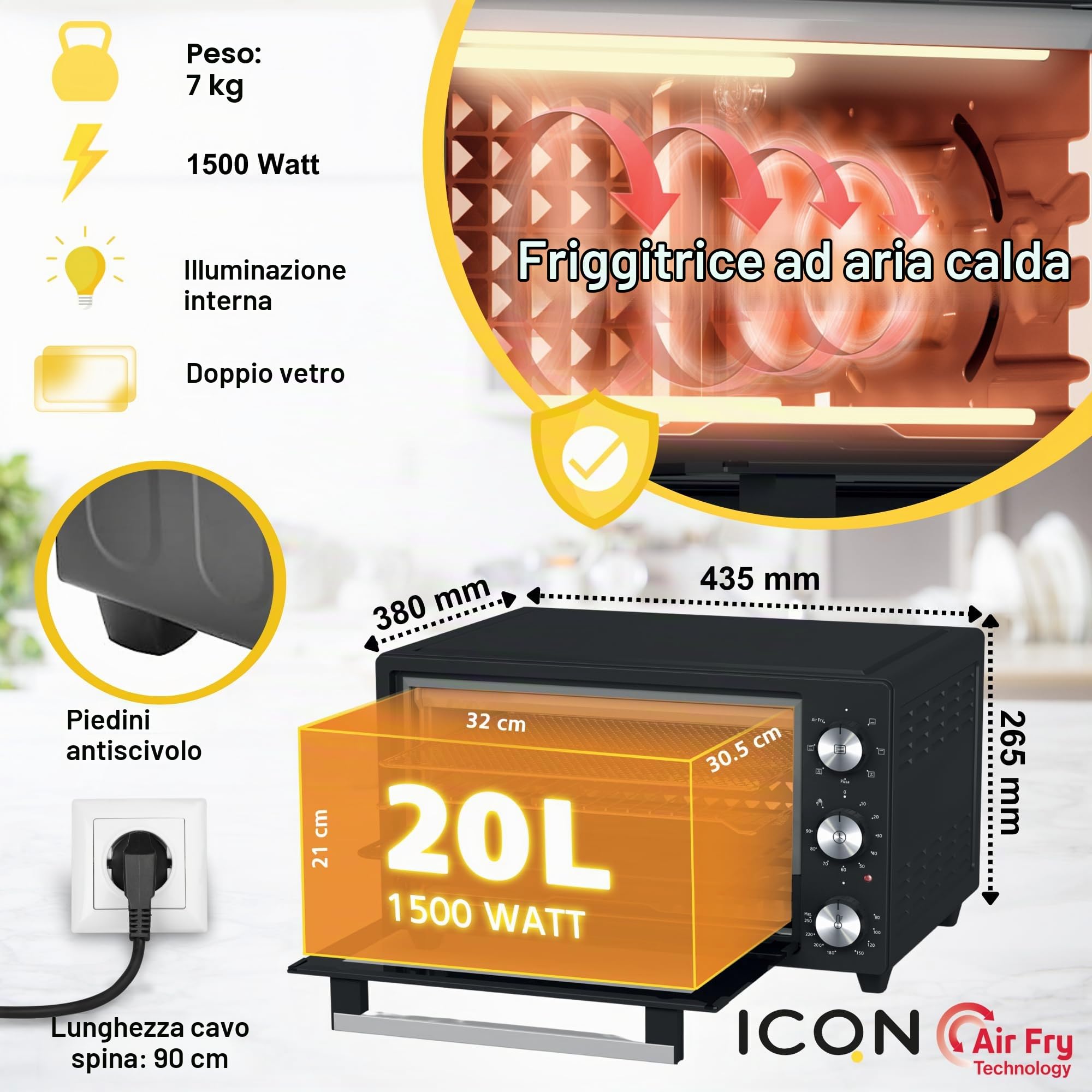 ICQN Forno Elettrico con Airfry 20 Litri, 1500 W, Forno pizza, 5 funzioni di cottura, Ventilato, Timer 90 minuti, Mini Forno, Temperatura tra 40° - 250° C, Griglia e leccarda inferiore, Nero