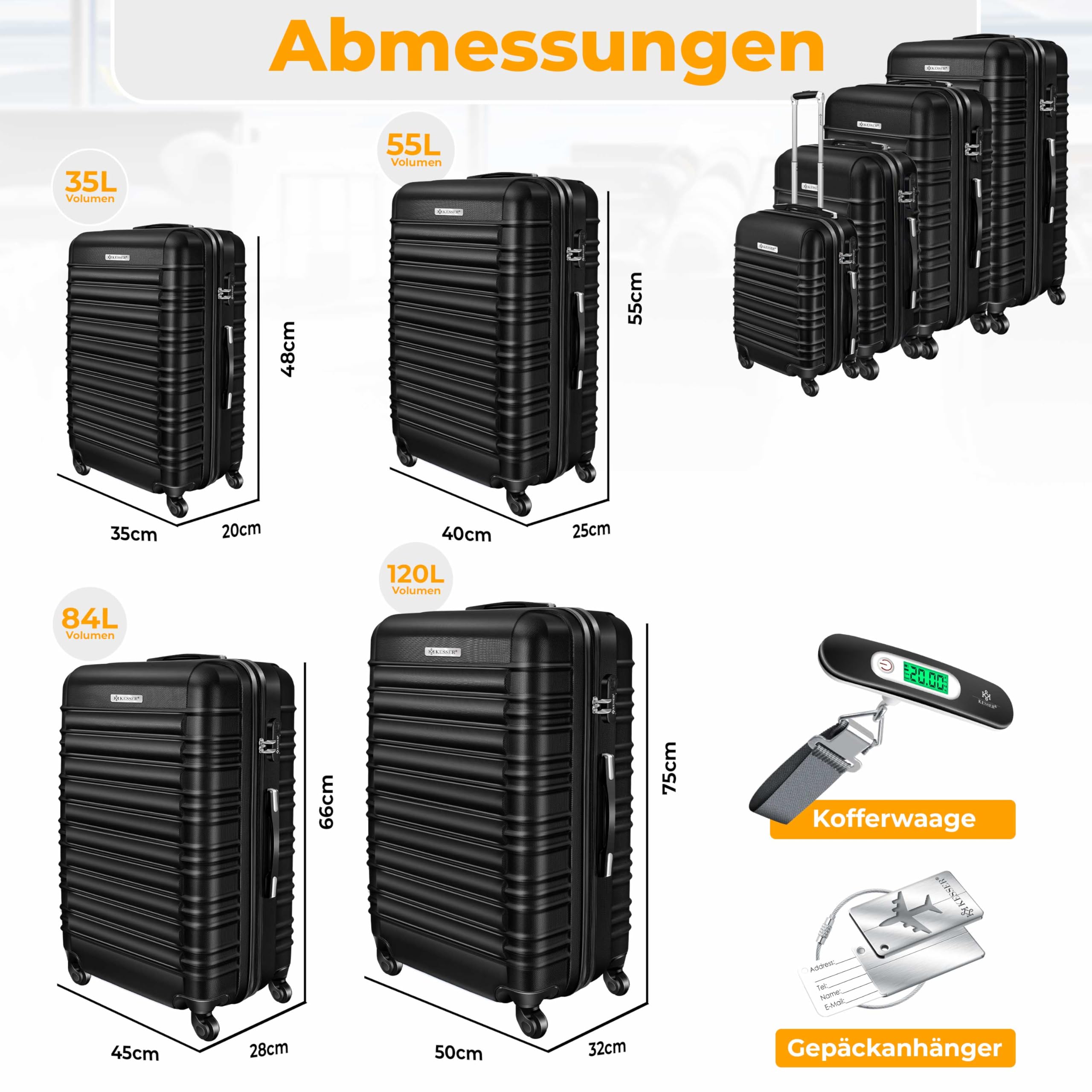 KESSER® Set de 4 valises à Coque Dure, Valise à Coque Dure, Trolley Valise INCL. Balance de Valise + étiquette de Bagage Valise à roulettes, Serrure, 4 roulettes ABS-Coque Dure, S-M-L-XL