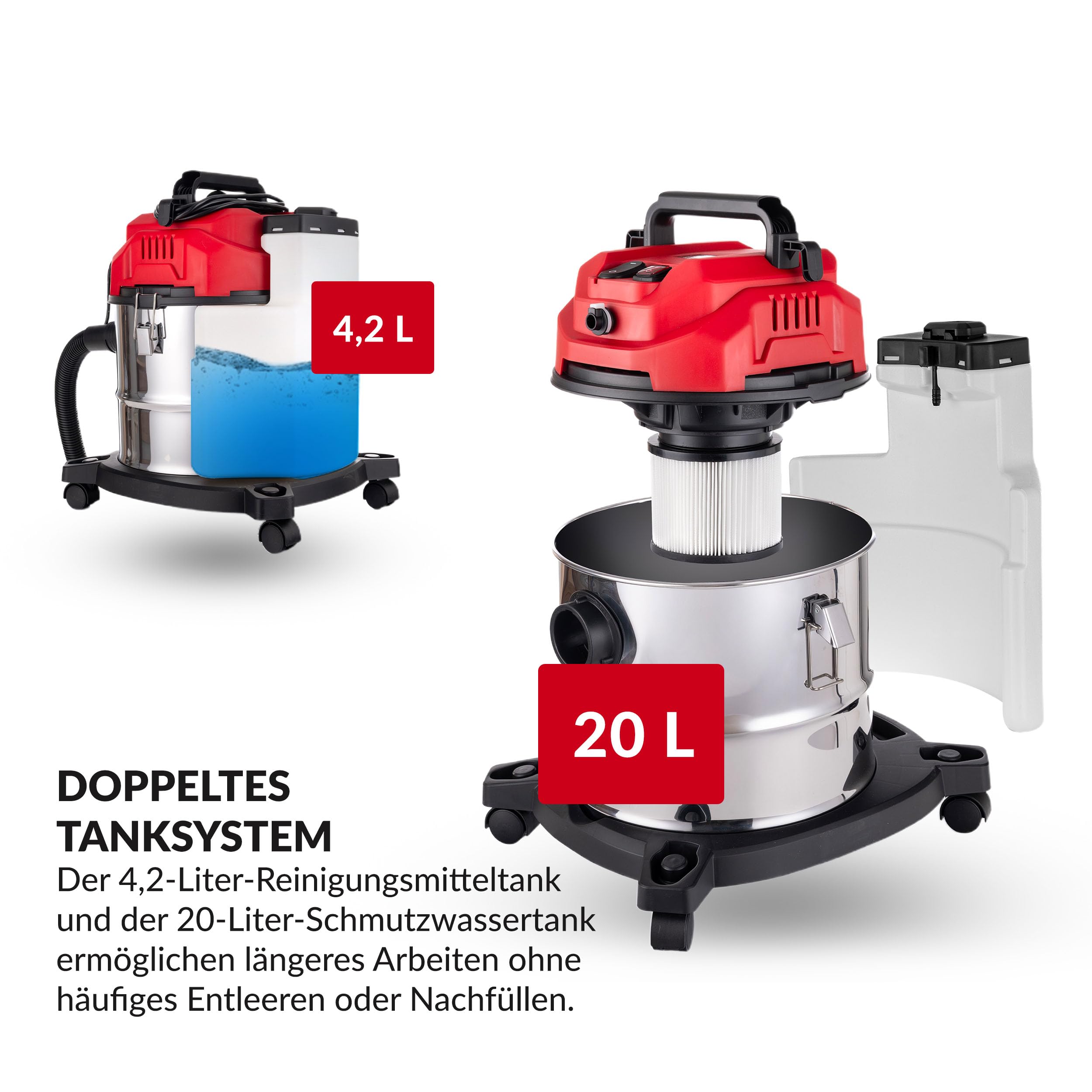 LEHMANN Waschsauger mit 20L-Behälter - 1600W - Polsterreiniger Gerät mit HEPA-Filter - 4,3L Reinigungsmitteltank - Teppichreiniger mit Sprühfunktion - Nass-/Trockensauger für Teppich und Polster