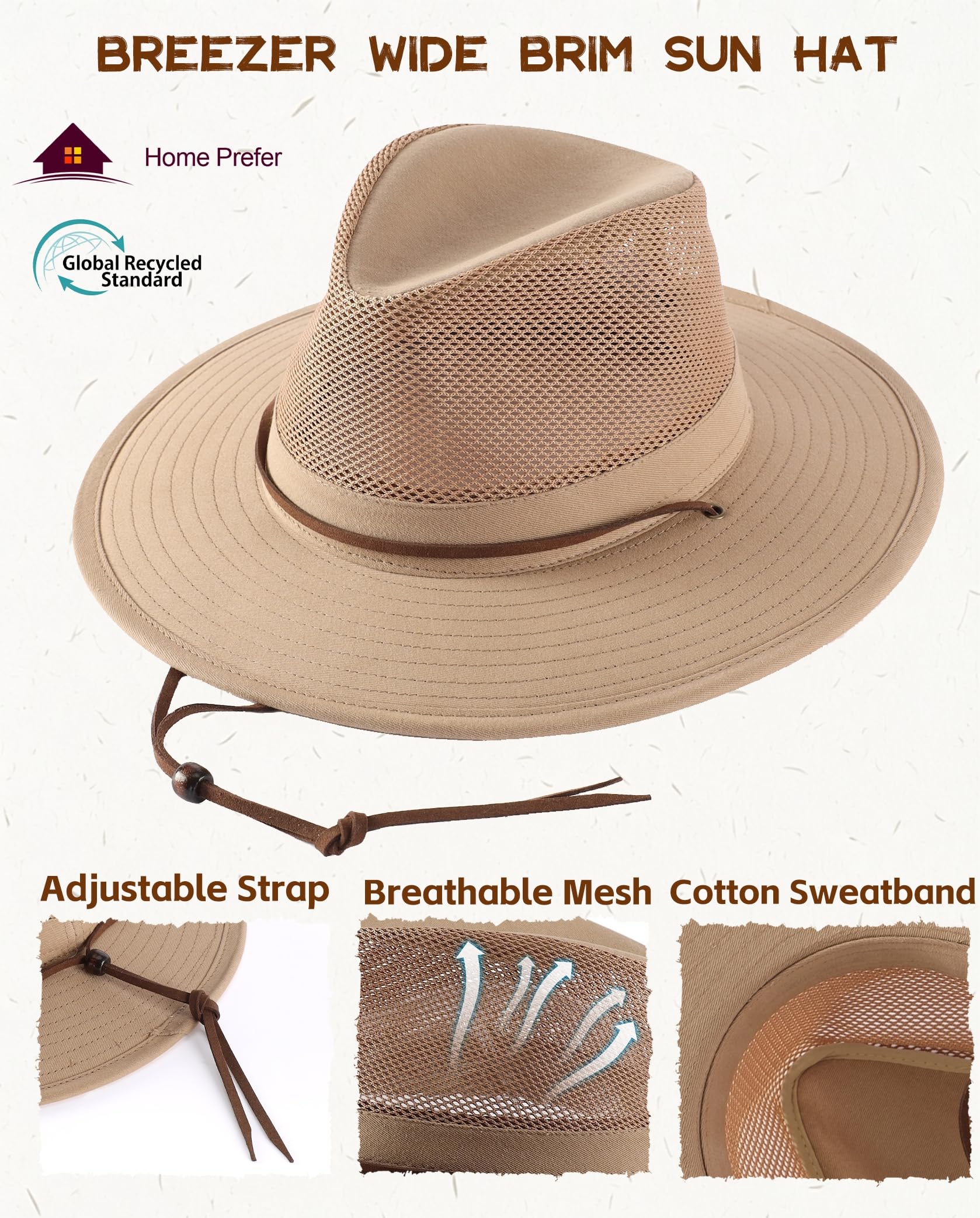 Home Prefer Chapeau Fedora d'été en coton à large bord pour homme et femme - Protection solaire UPF 50+ pour la pêche et la randonnée